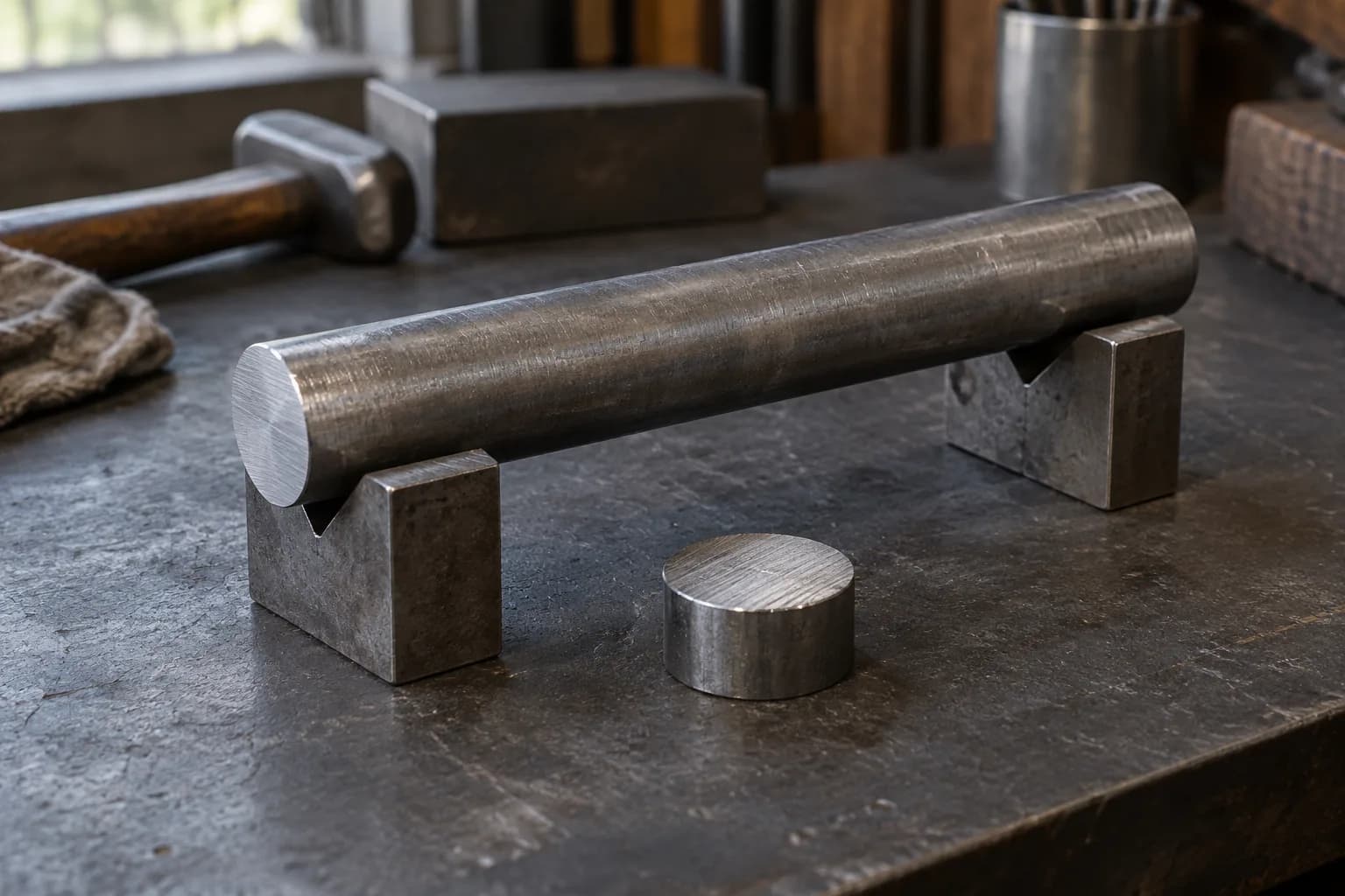 Round steel bar resting in two V-blocks on a dark bench, with a short sawn steel slug beside it and a hammer behind.