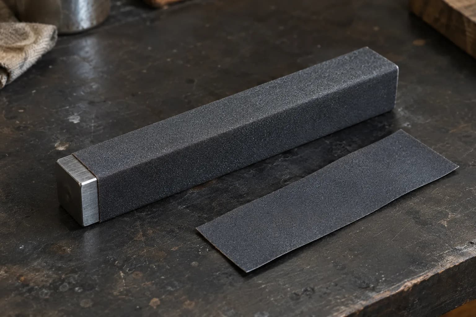 Dark wet-dry paper wrapped tightly around a square steel bar on a charcoal bench, with a spare paper strip beside it.