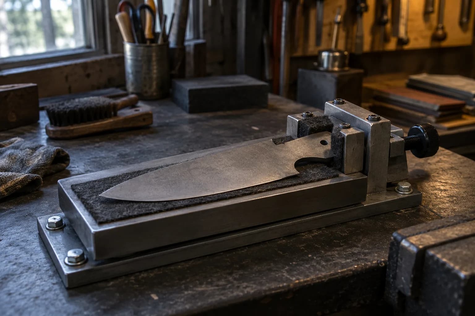 Flat blade blank resting on a felt-padded steel plate, its tang held in padded screw jaws bolted to the bench.