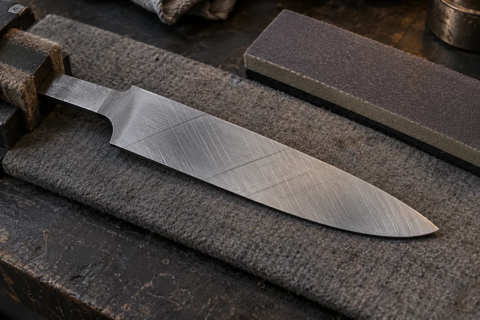 Bare knife blade lying on a felt pad with its tang in padded vise jaws, fine diagonal sanding lines crossed by deeper scratches