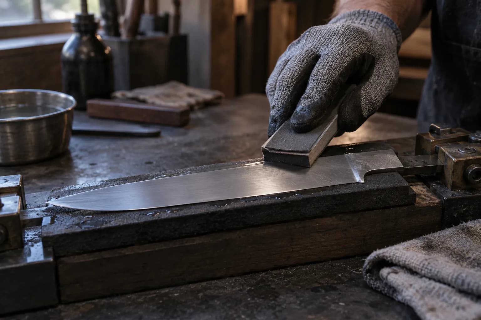 Gloved hand drawing a paper-wrapped sanding stick along a wet blade held flat on a padded bench fixture.