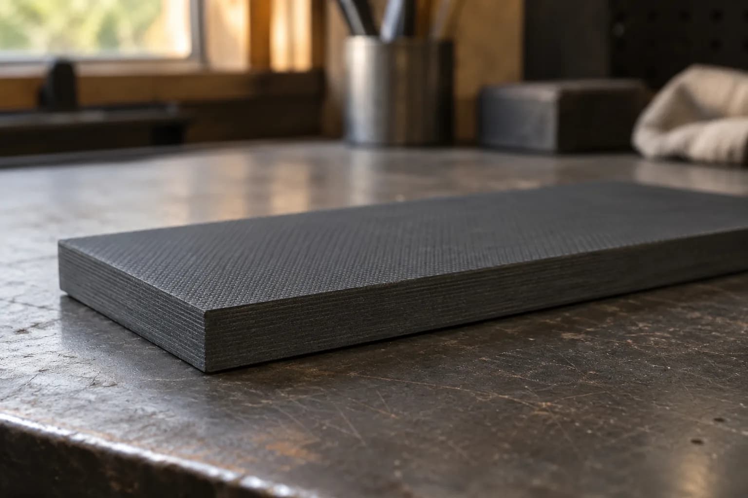 Plain dark gray G10 handle blank with a fine textured face and layered edge lying on a worn steel bench near a window.