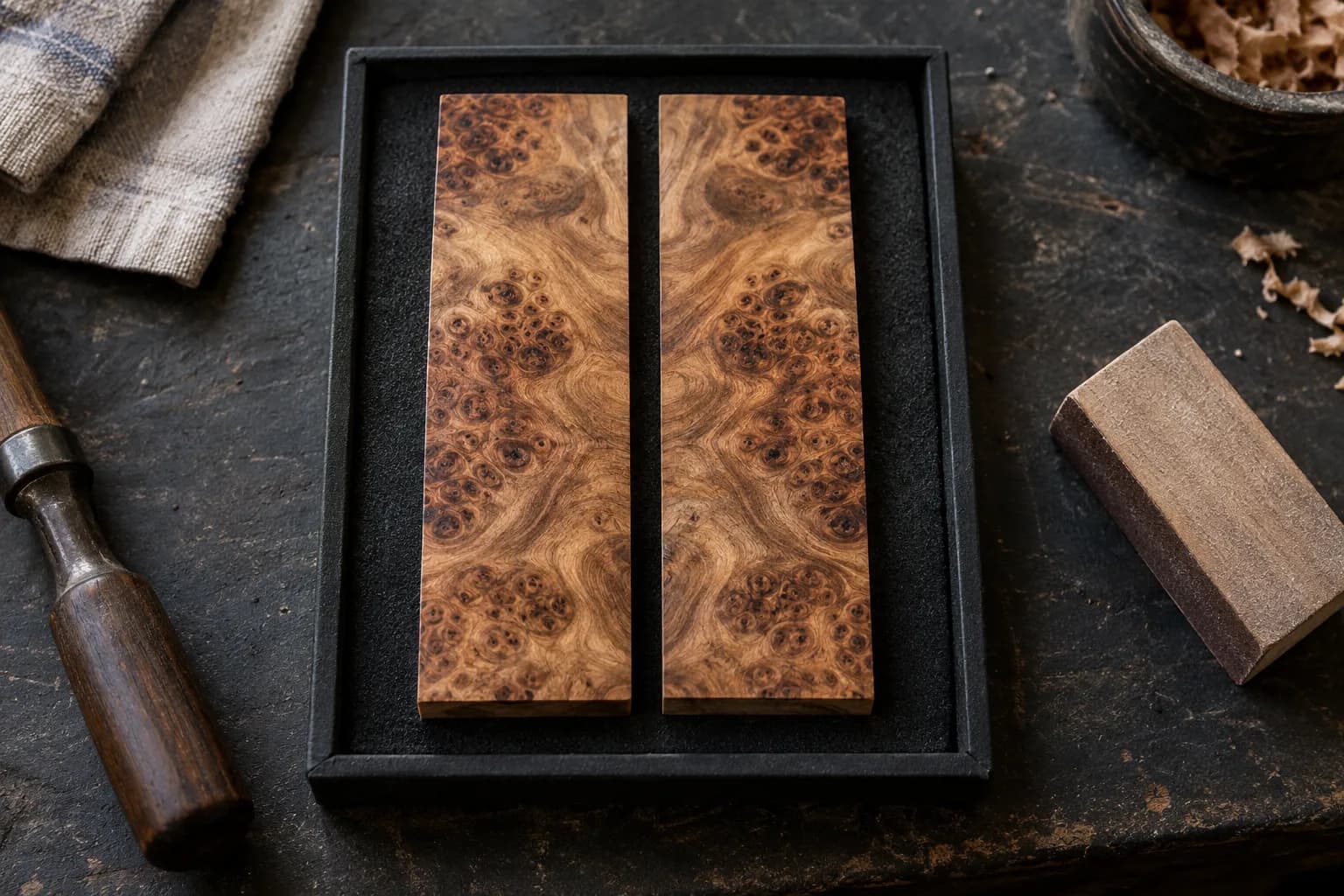 Bookmatched pair of burl wood handle scales in a dark foam-lined tray, with a sanding block, chisel handle and shavings nearby.