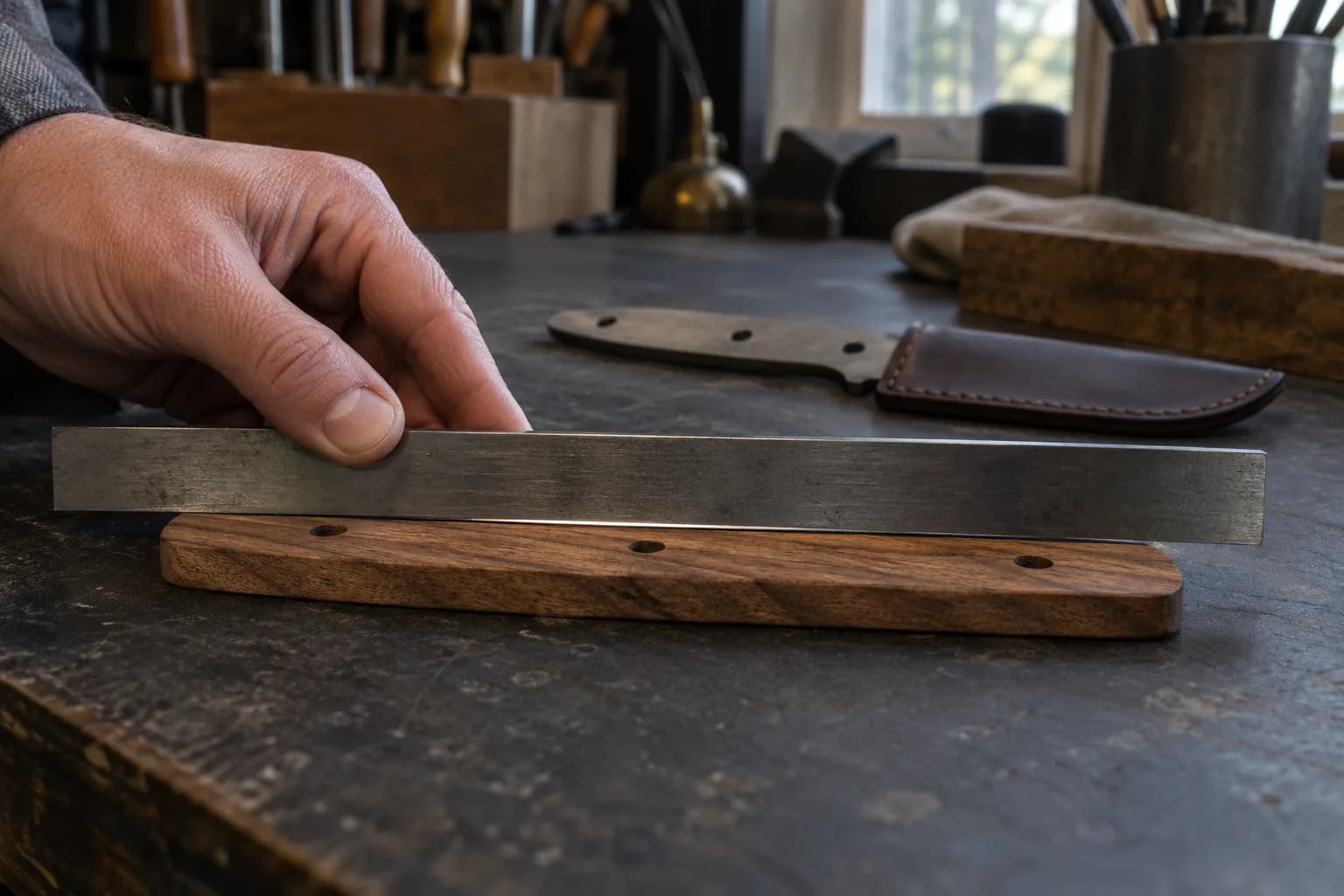 Hand holds a plain steel straightedge across a walnut handle scale, with a thin sliver of light showing beneath it.