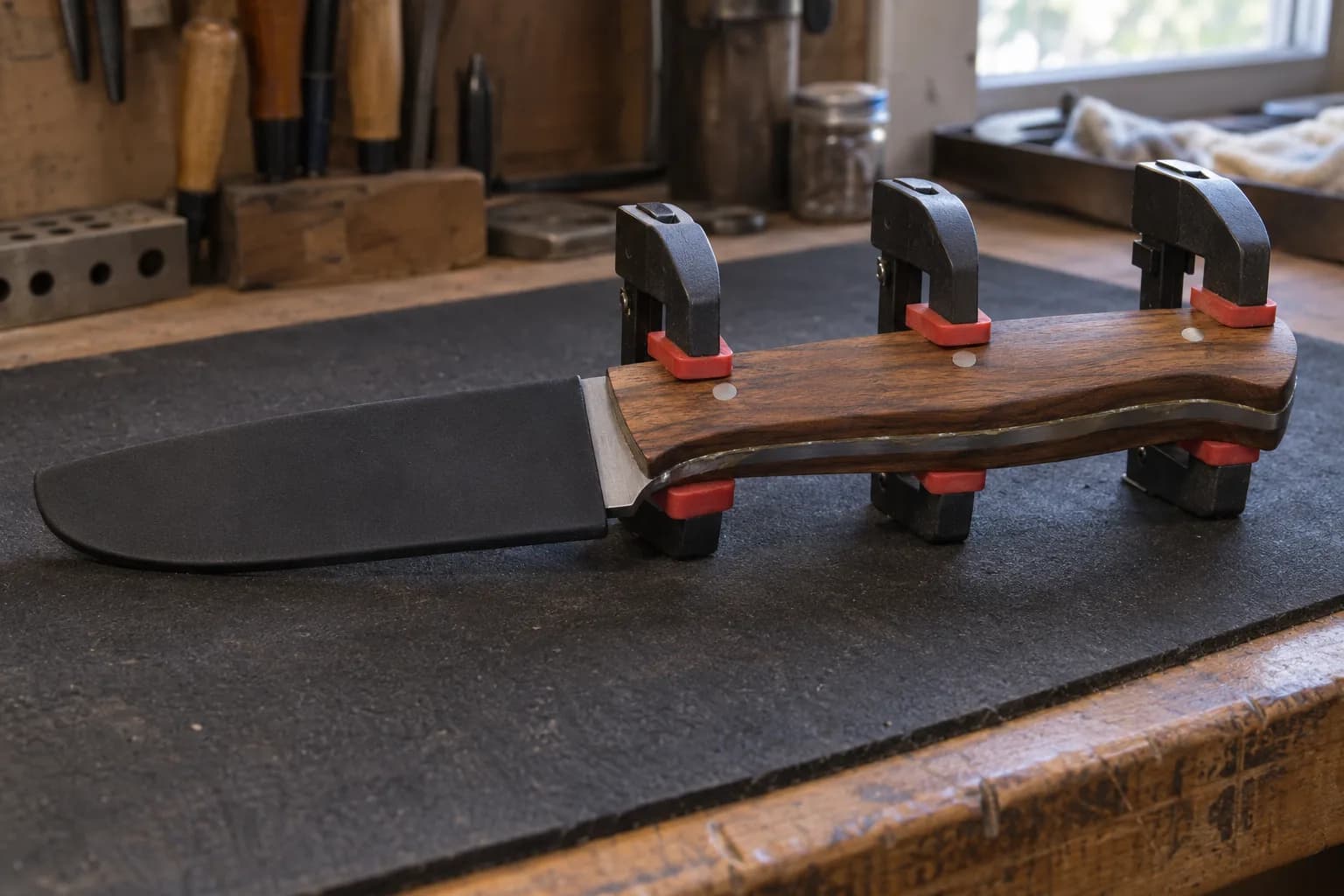 Three padded clamps hold walnut scales against a knife tang on a black bench mat, blade covered by a black guard.