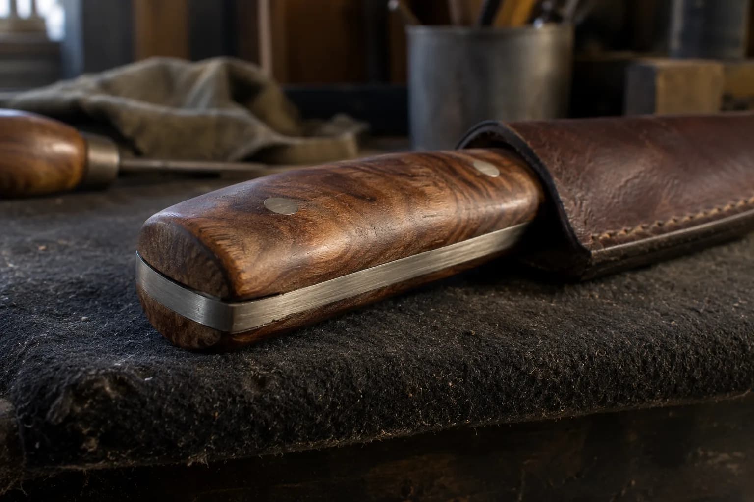Walnut handle scale on a full-tang knife with a thin dark gap against the steel tang edge at the butt, blade in a leather sheath.