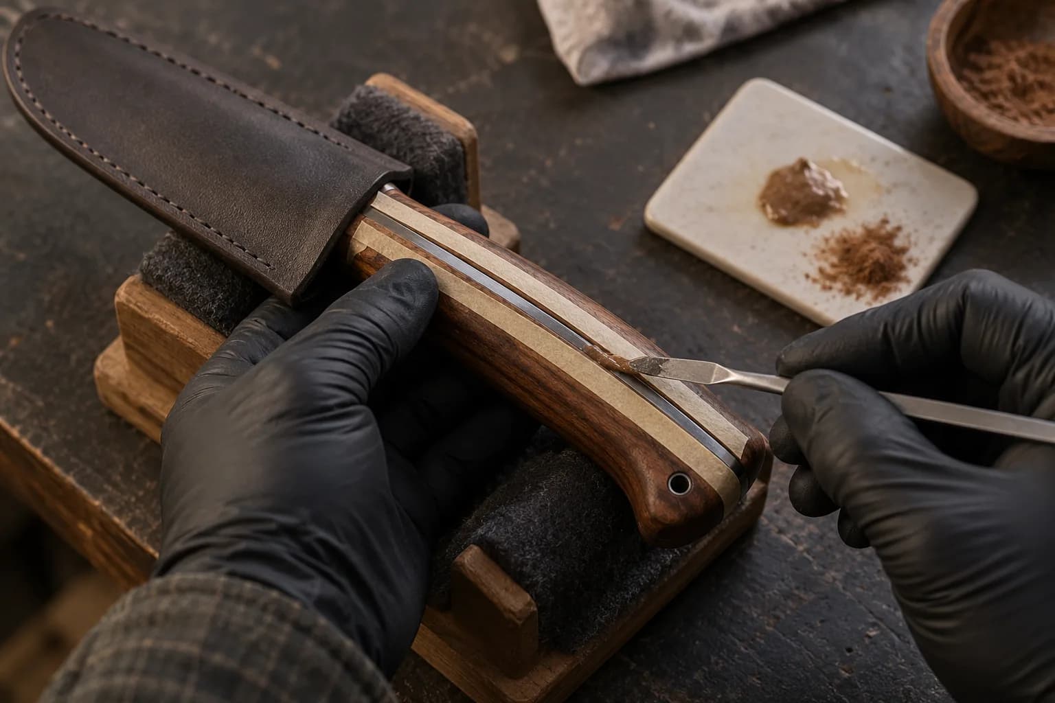 Black-gloved hands work filler into the seam along a walnut knife handle with a thin spatula, taped edges, sheathed blade in a cradle