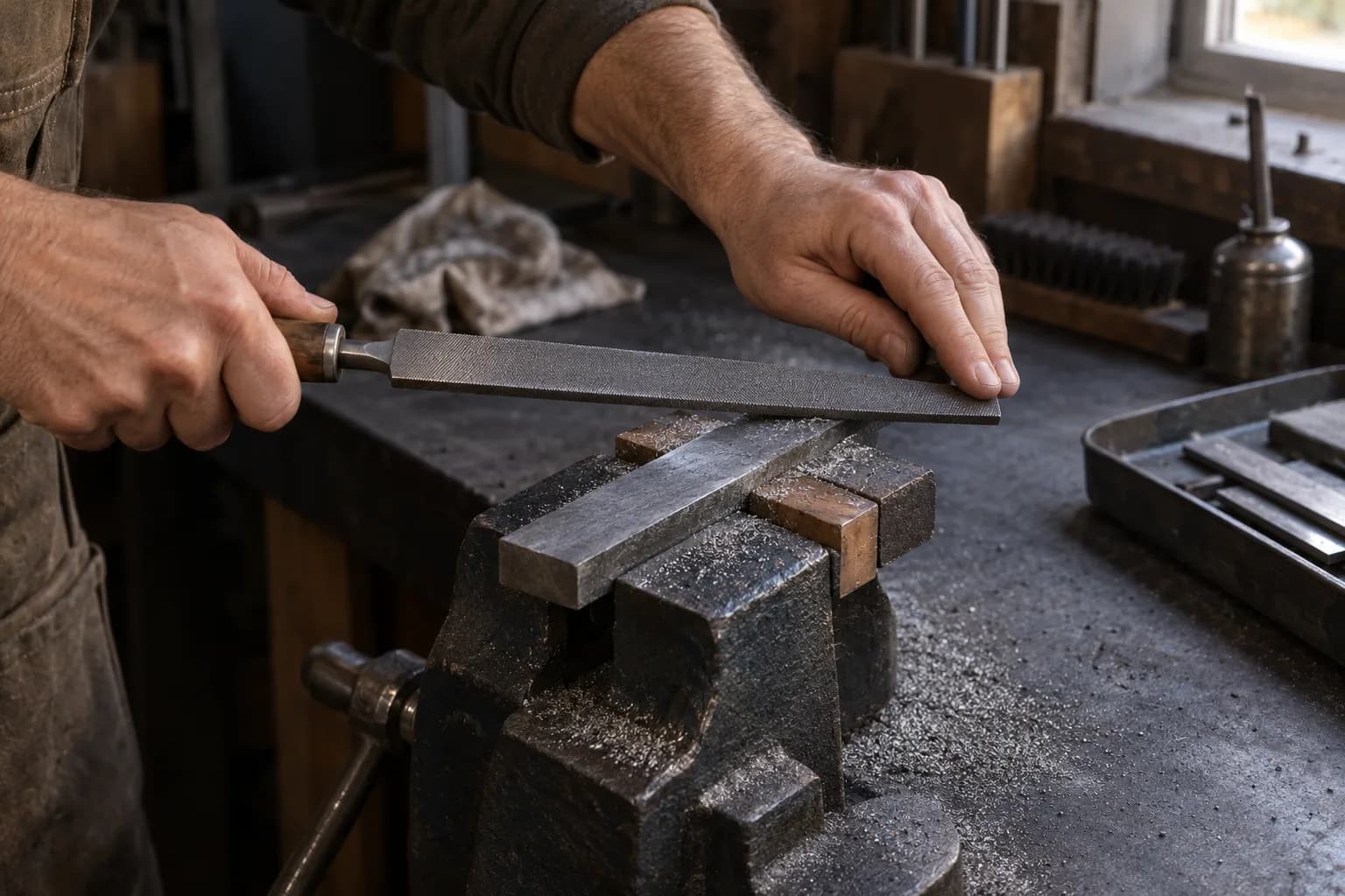 Hands filing a flat steel bar clamped in a bench vise, fine steel filings on the vise and dark bench.
