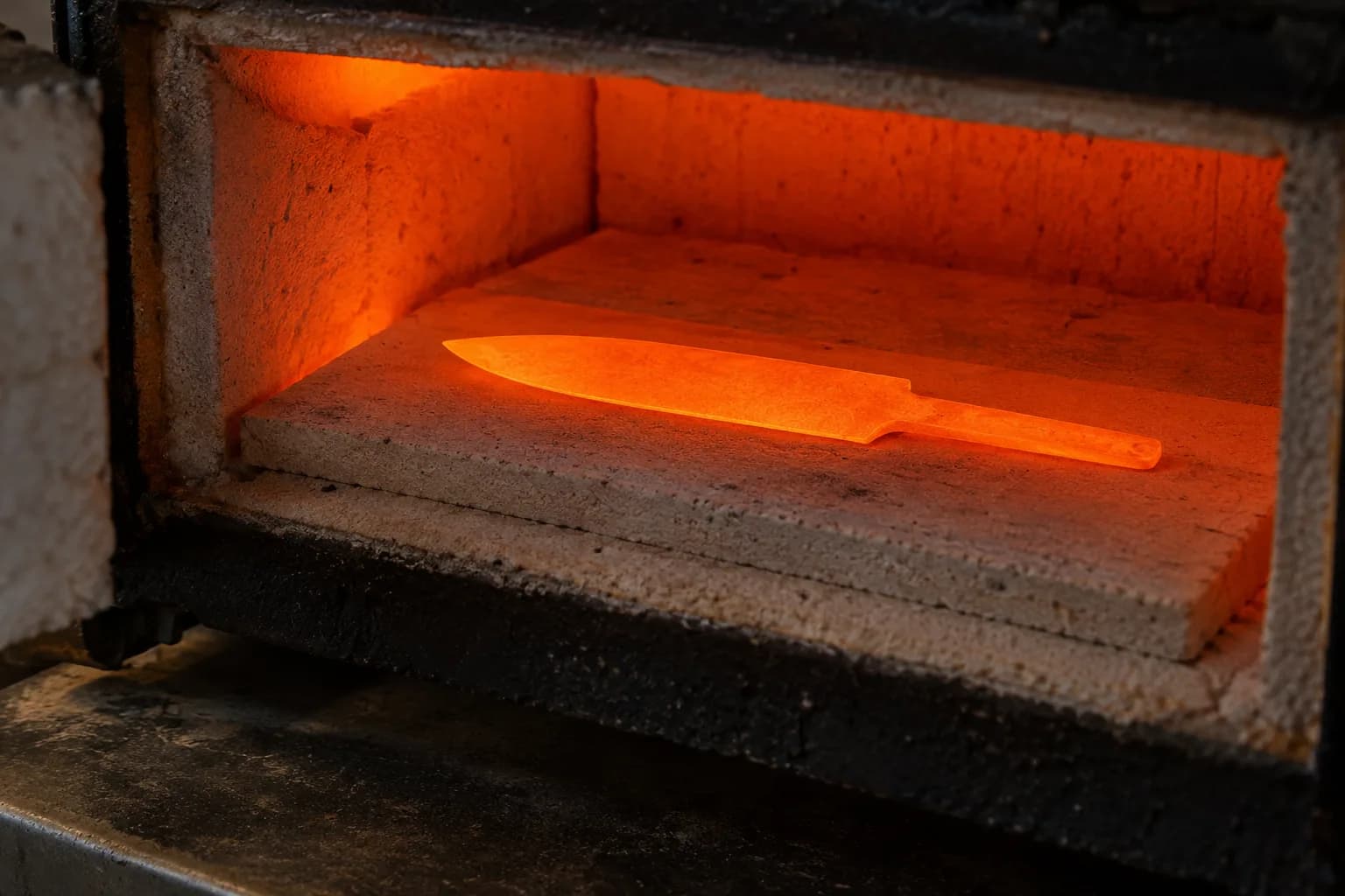 Plain knife blank glowing evenly orange on a flat firebrick plate inside an open heat-treat kiln.