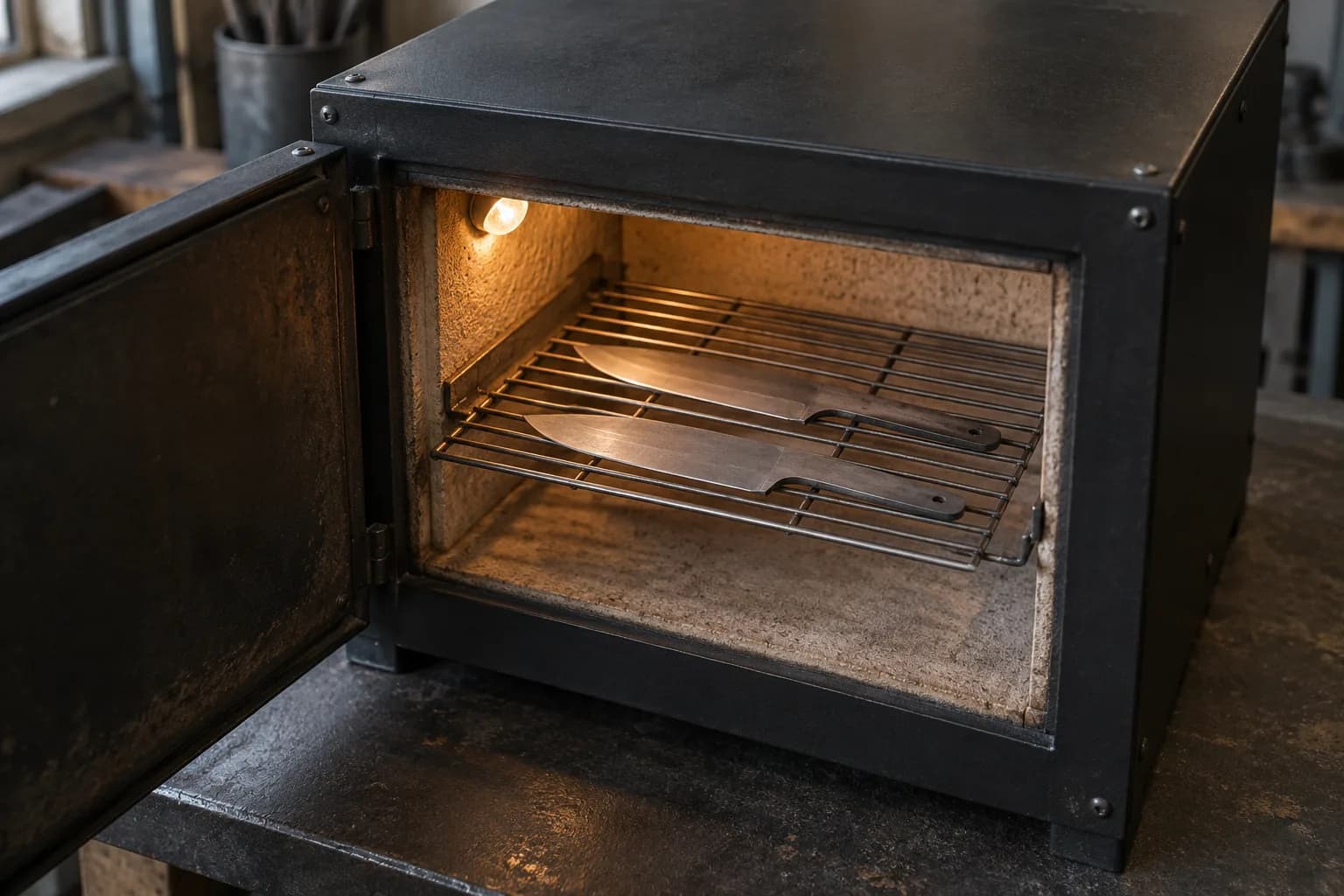 Two gray knife blanks lie flat and spaced apart on a wire rack inside an open black steel tempering oven with a warm lamp.
