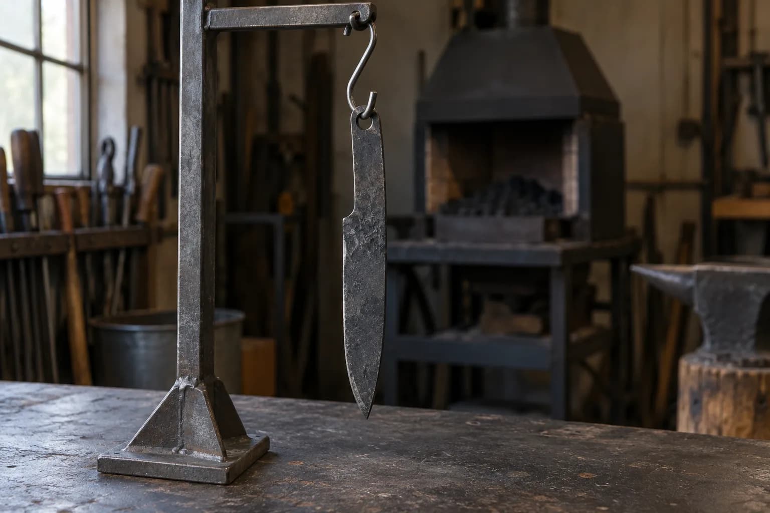 Dark scaled forged knife blank hanging point-down from an S-hook on a steel stand, unlit forge behind.