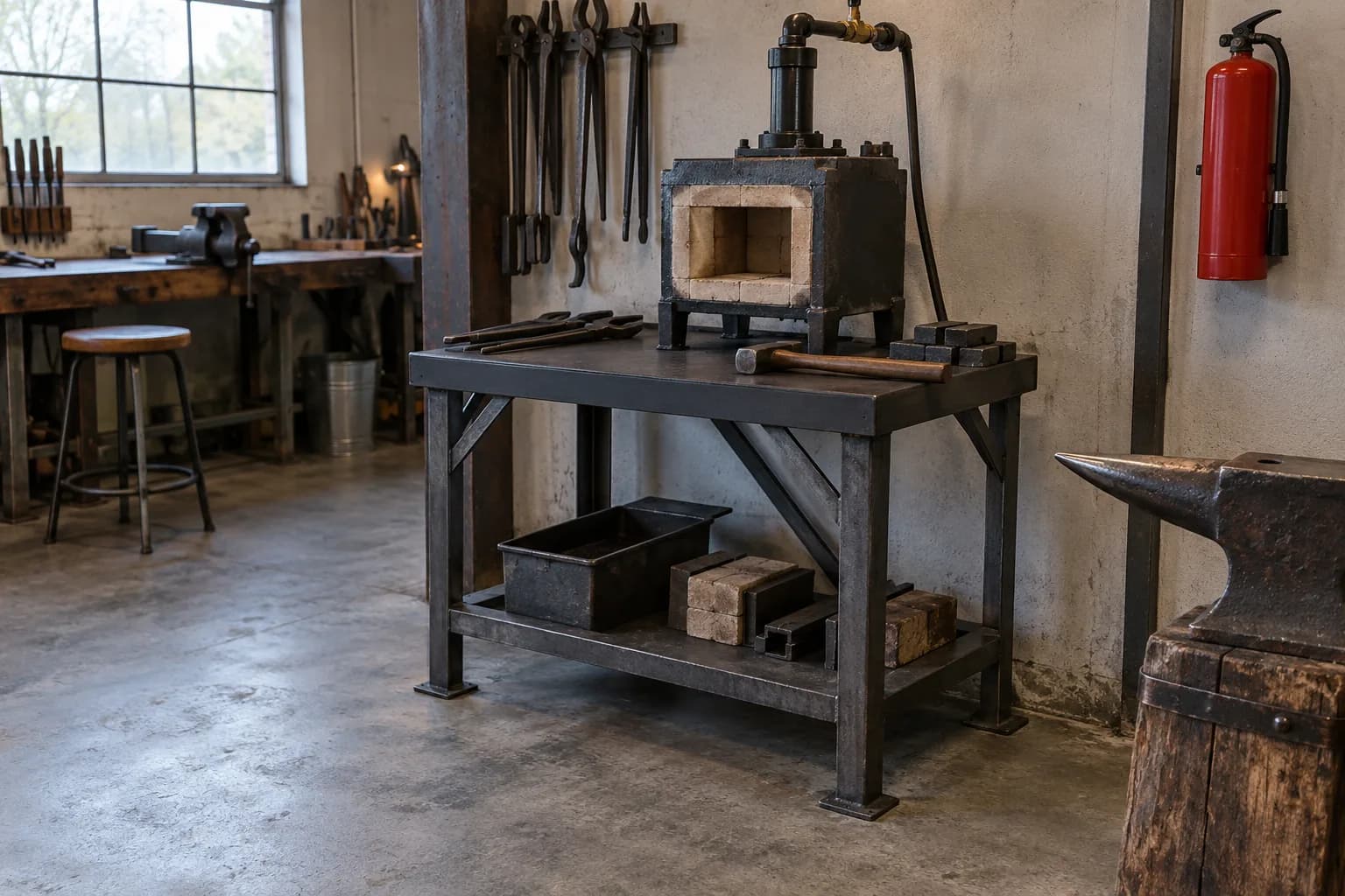 Cold box forge on a welded steel table over bare concrete, with a wall-mounted fire extinguisher nearby and tongs on the wall.
