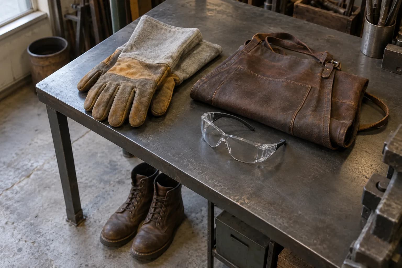 Leather welding gloves, folded leather apron and clear safety glasses on a steel bench, with work boots on the floor below.