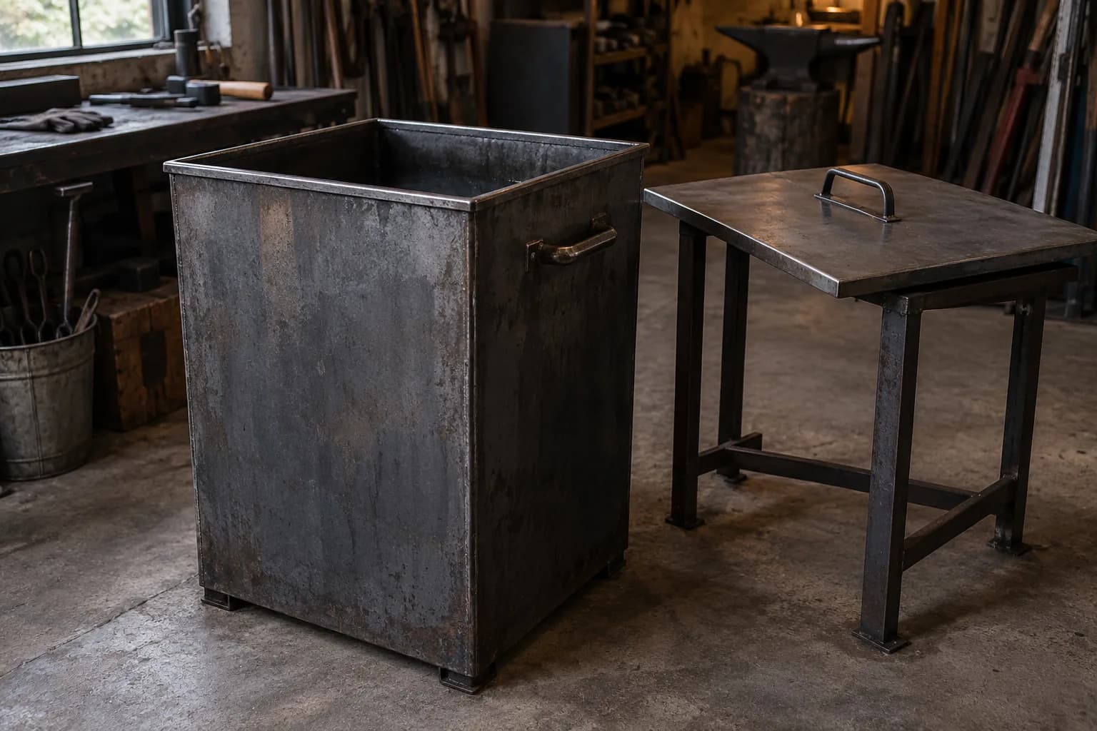 Tall square steel quench tank on a concrete floor with a flat metal lid resting on a steel stand beside it.