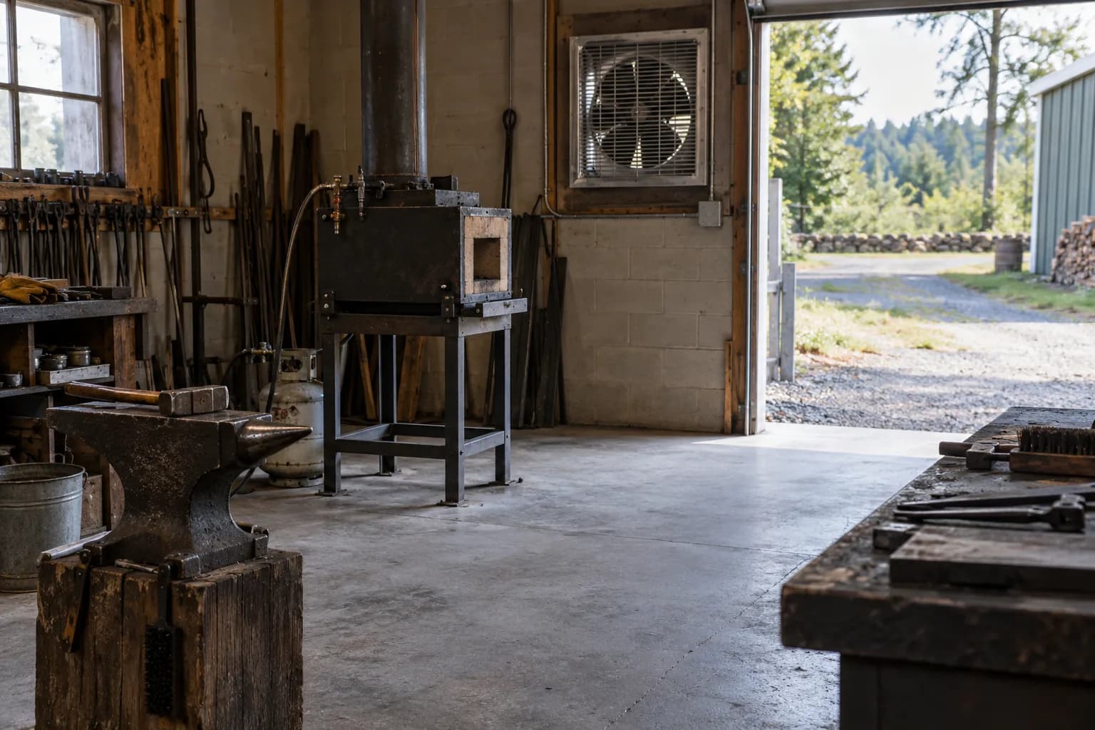 Open garage door and a grilled wall exhaust fan beside an unlit gas forge on a steel stand, concrete floor in the foreground