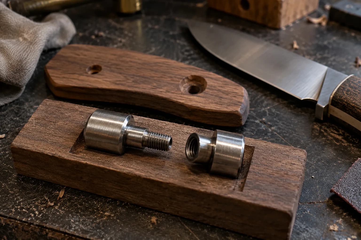Threaded Corby bolt and its stepped internal-thread barrel sitting apart in a wood block beside a drilled walnut scale.