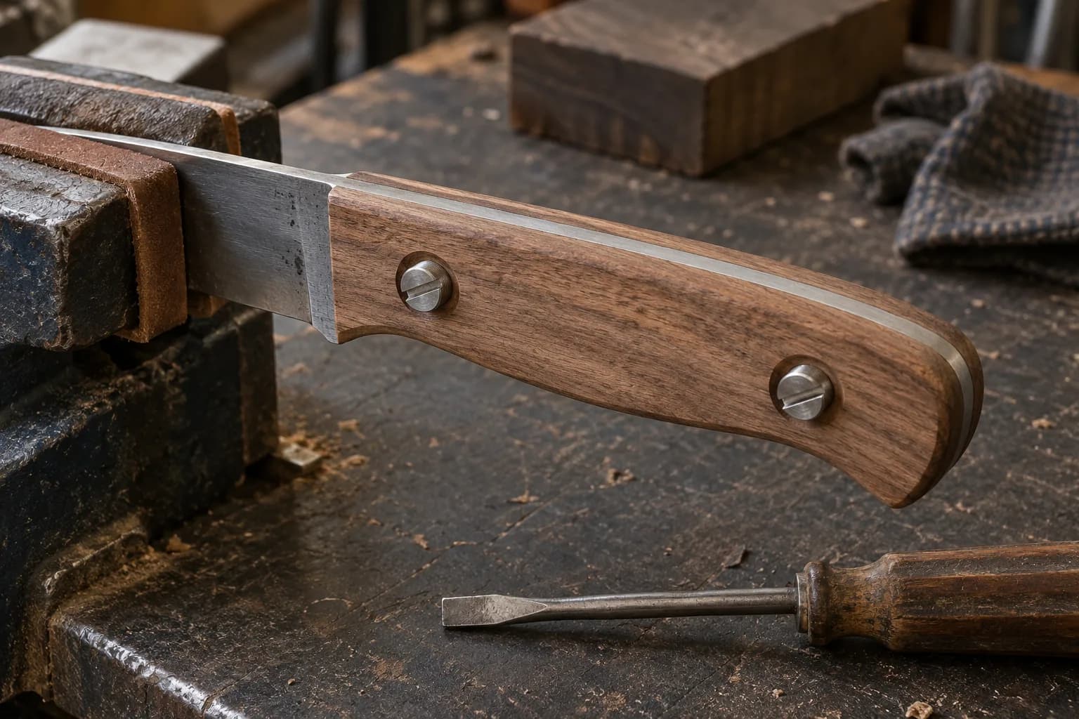 Walnut knife handle with two slotted bolt heads seated in counterbores, blade held in a padded bench vise beside a screwdriver.