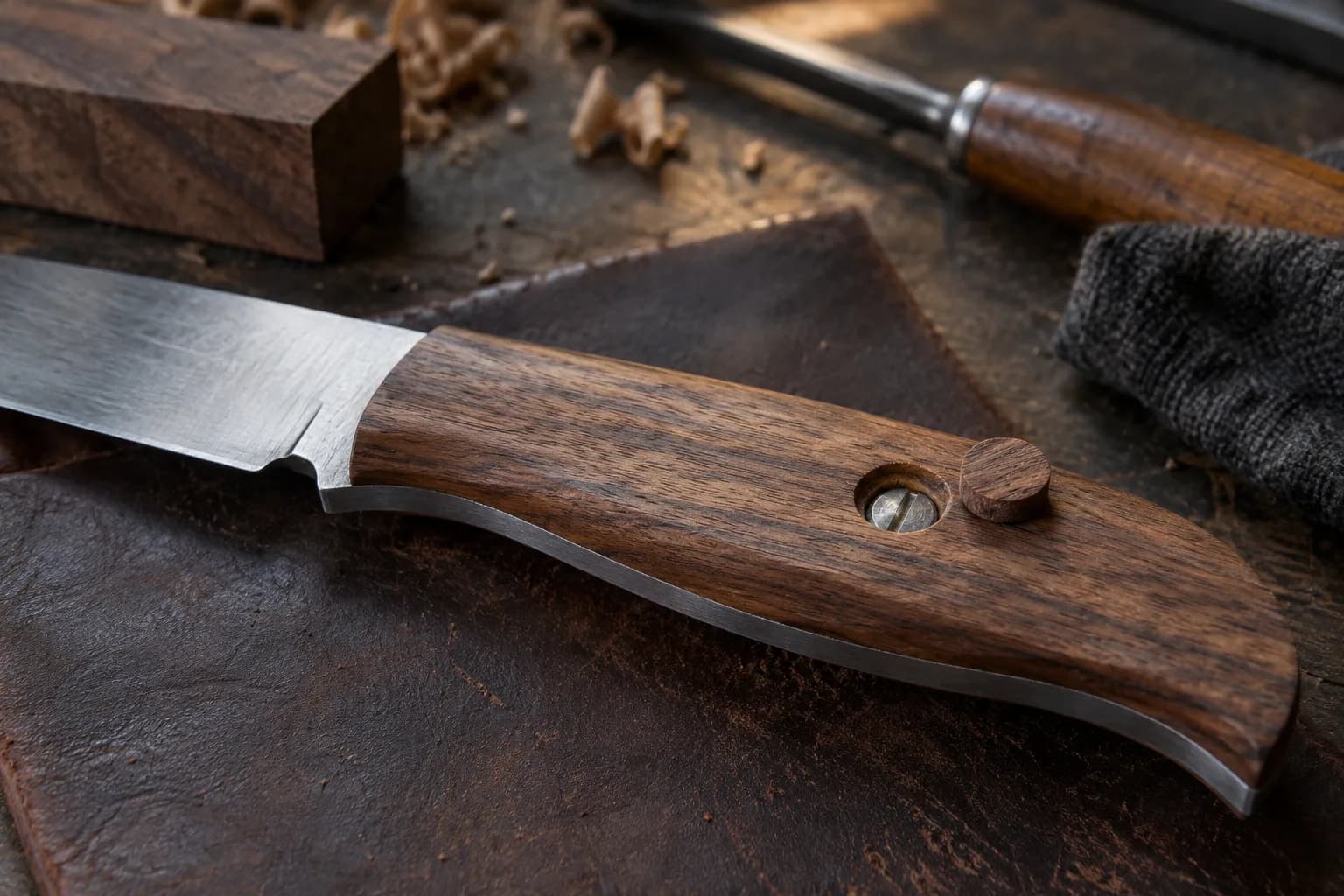 Slotted screw seated in a round recess in a walnut handle scale, with a matching wood plug resting beside it.