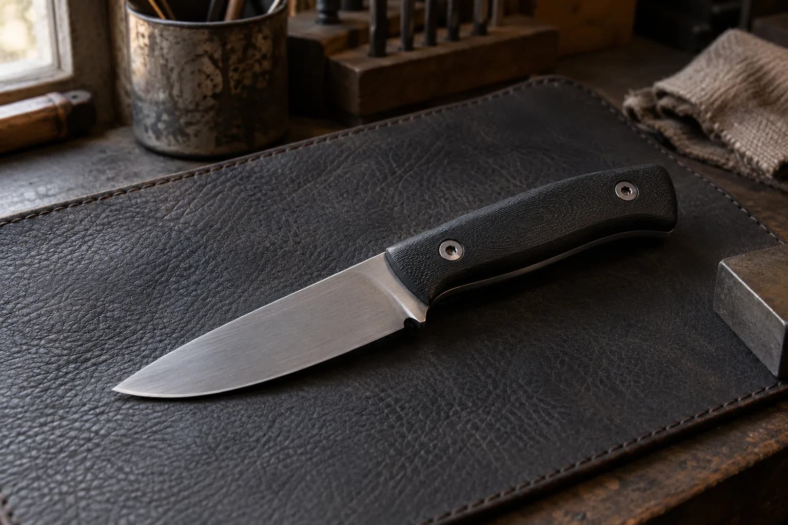 Fixed-blade utility knife on dark leather with two exposed hex-socket screw heads set in black handle scales.