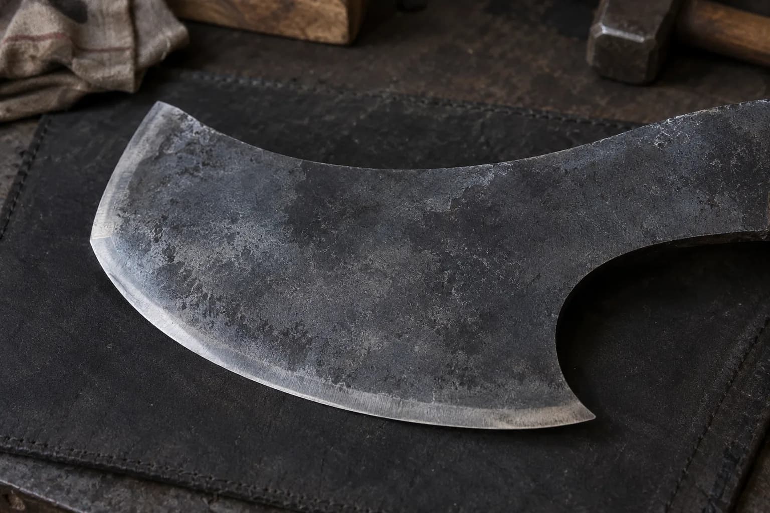 Dark forged battle-axe blade with a broad curved cutting edge and a sweeping beard lying flat on a stitched leather pad.
