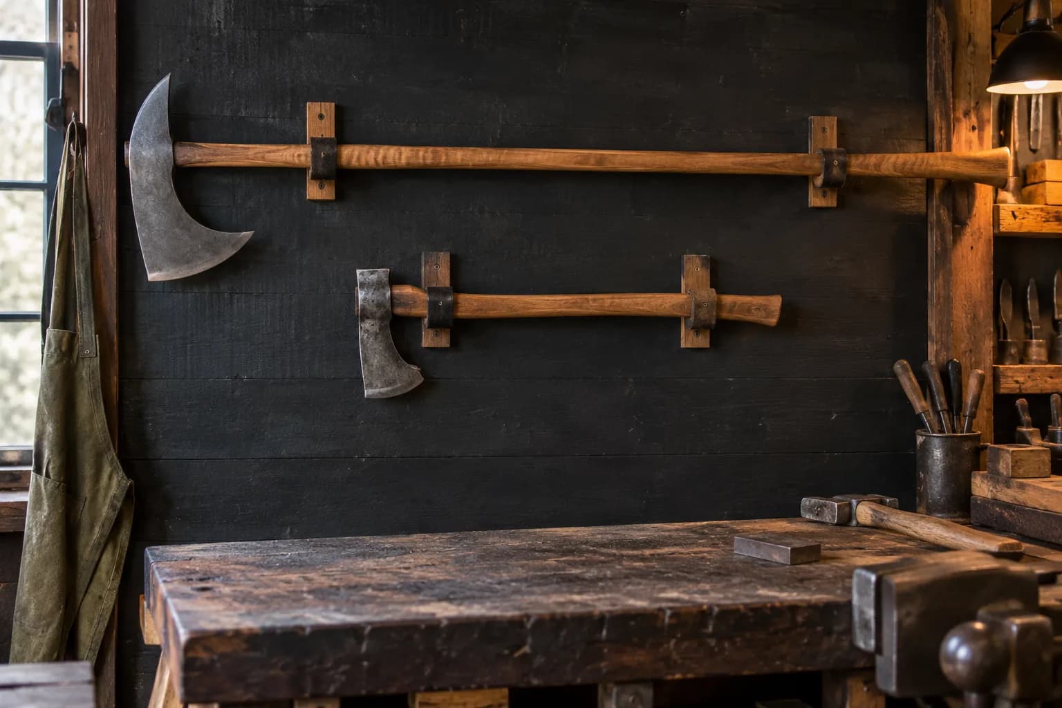 Short bearded axe and a long-hafted crescent-bit axe hung on wall brackets above a worn workbench.