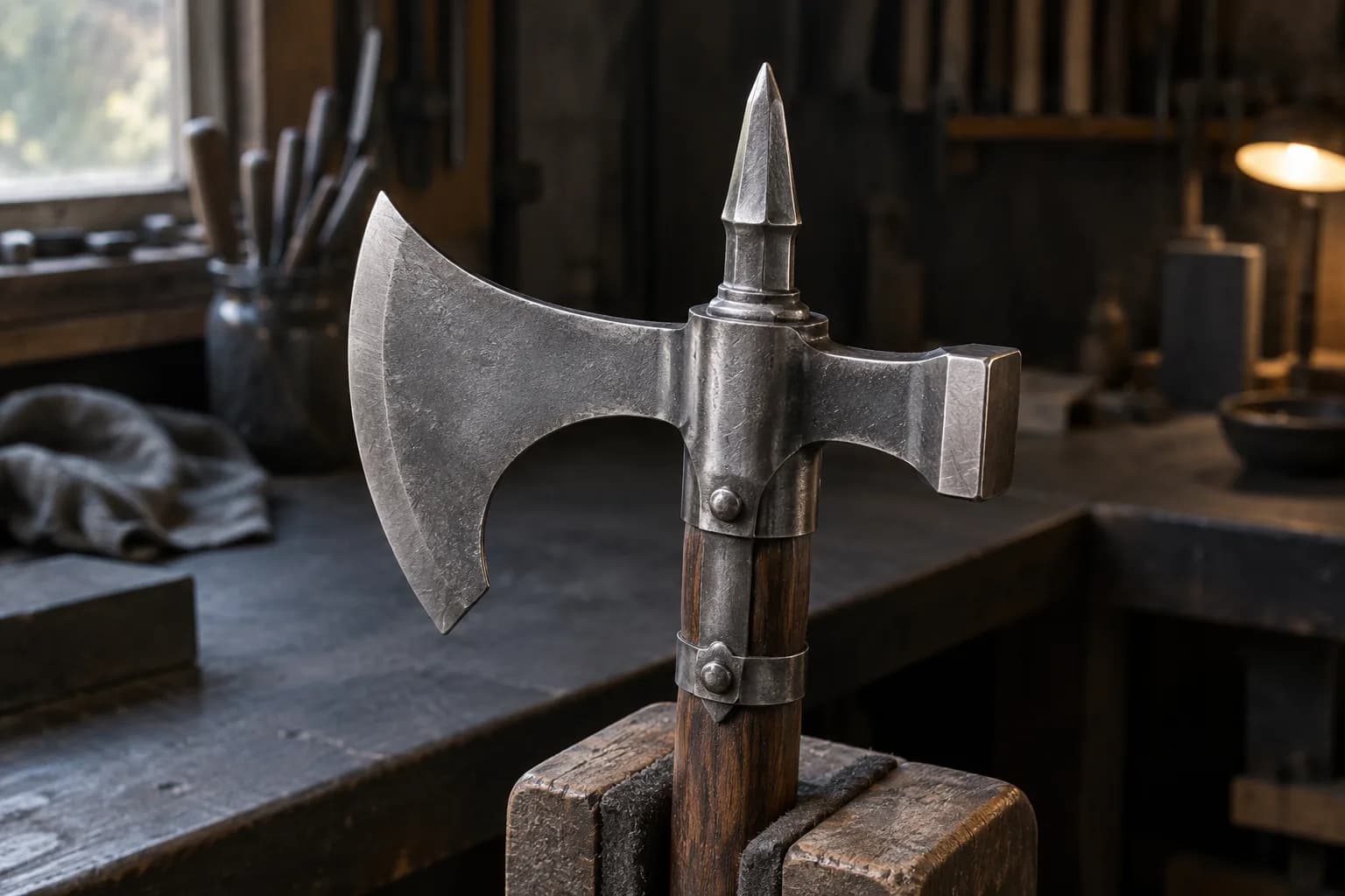 Poleaxe head on a wooden haft clamped in a bench vise, with a curved axe bit, flat hammer poll and top spike.