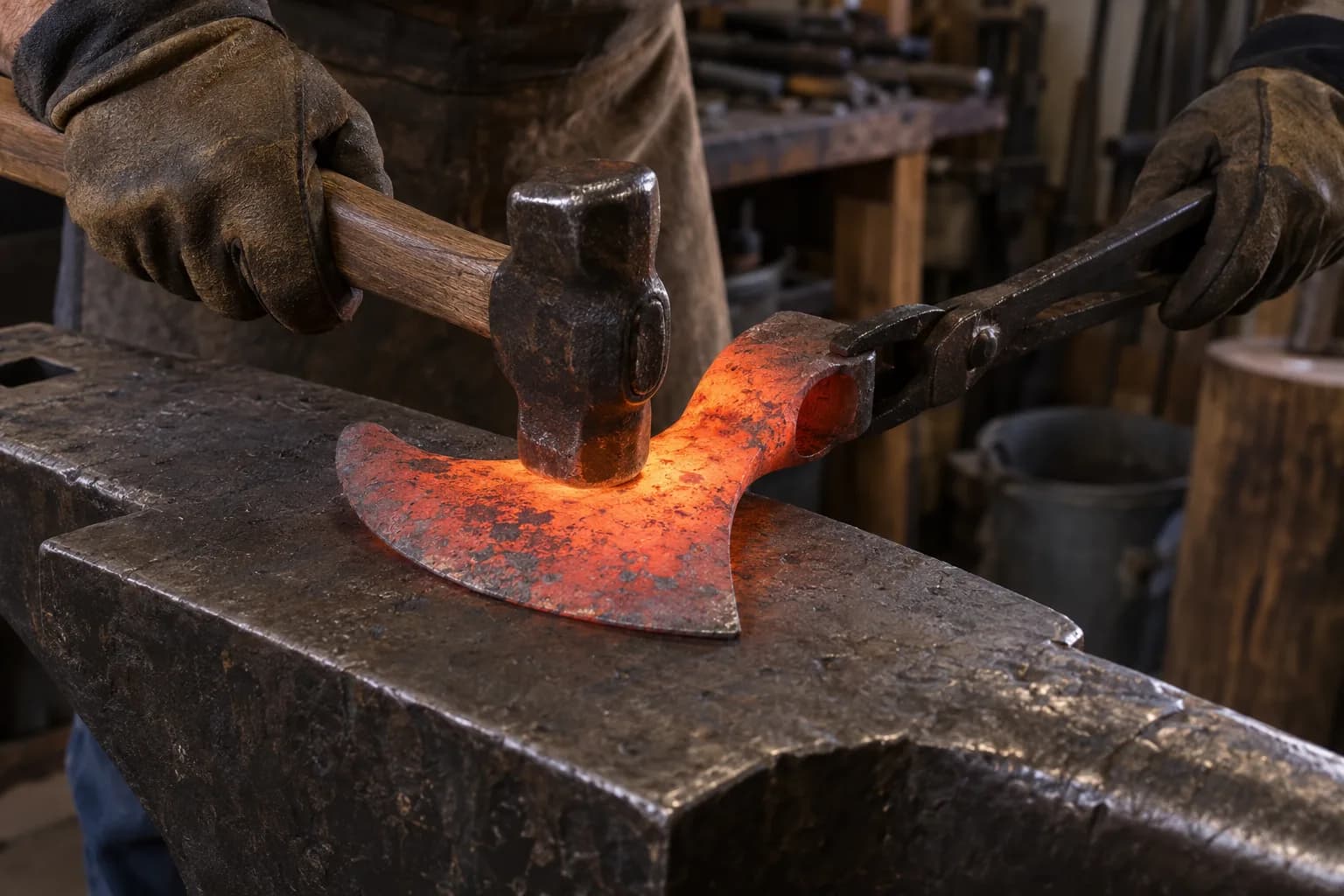 Gloved hands hammer a glowing orange crescent axe blank on a large anvil, holding its eye with long tongs.