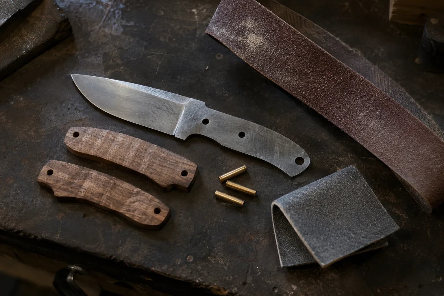 Steel knife blank, two walnut handle scales, brass pin tubes, a worn sanding belt and folded abrasive paper on a dark bench.