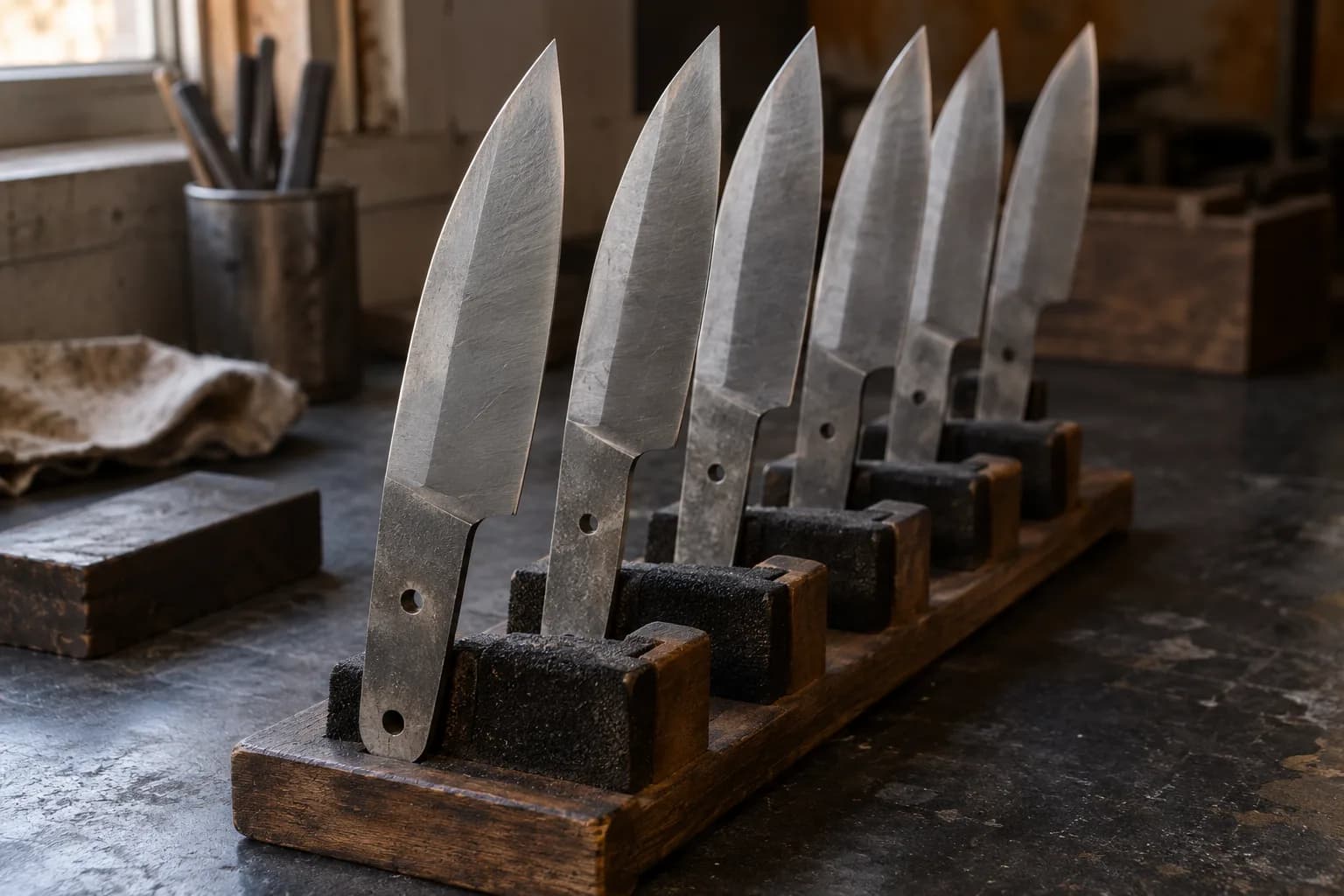 Six matching unhandled knife blanks stand in padded slots on a wooden rack, rough bevels visible, on a dark shop bench.