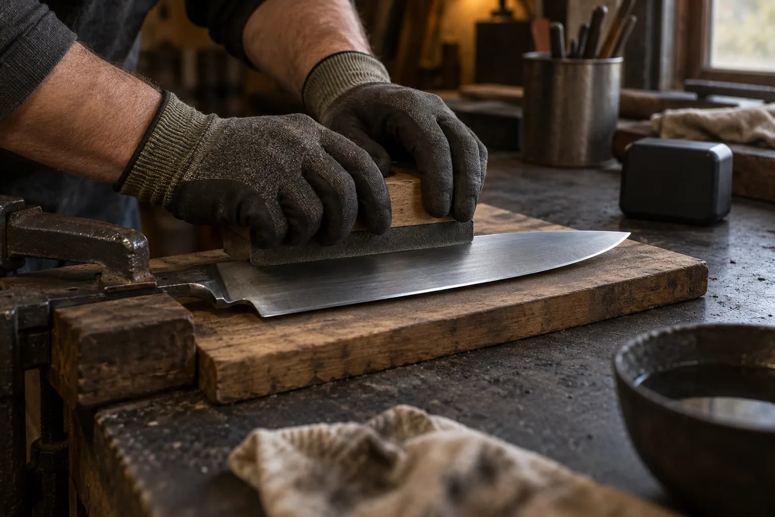 Gloved hands sand a clamped chef's knife blade lengthwise with a hand block, a plain black bench timer behind.