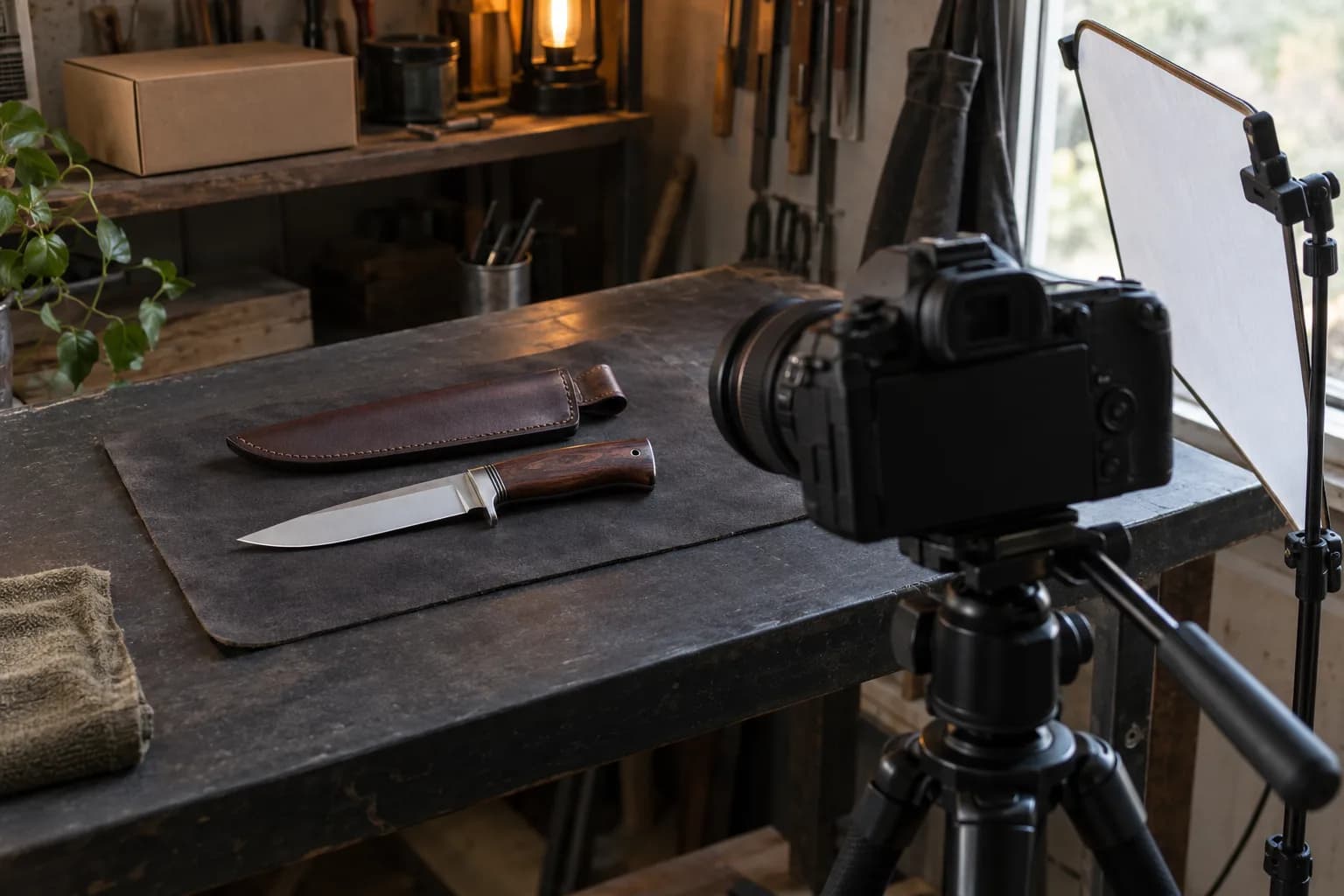 Finished knife with dark wood handle beside its leather sheath on a charcoal pad, with a tripod camera and white reflector nearby