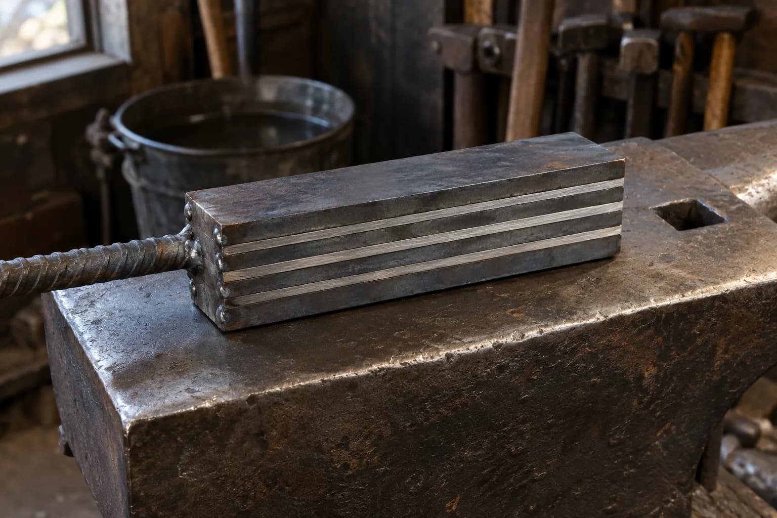 Seven-layer steel stack of alternating dark and bright strips on an anvil, tack-welded at one end to a rebar handle.
