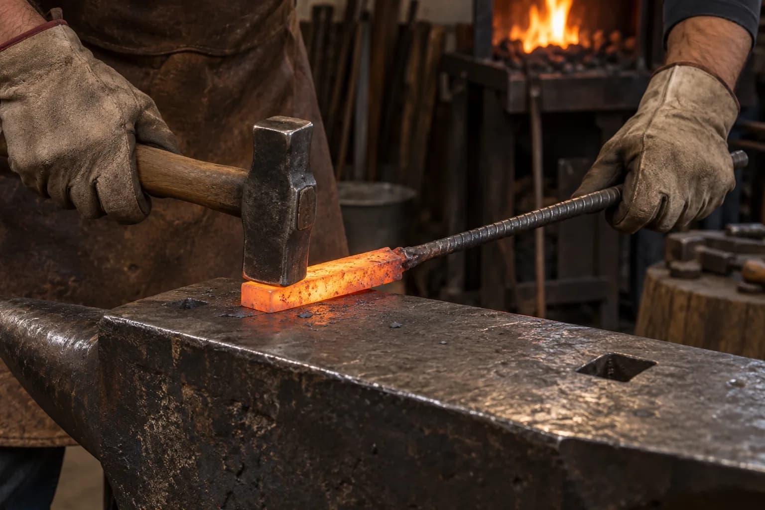 Gloved hands hammer a glowing billet on an anvil, holding it by a welded rebar handle, with a coal forge behind.