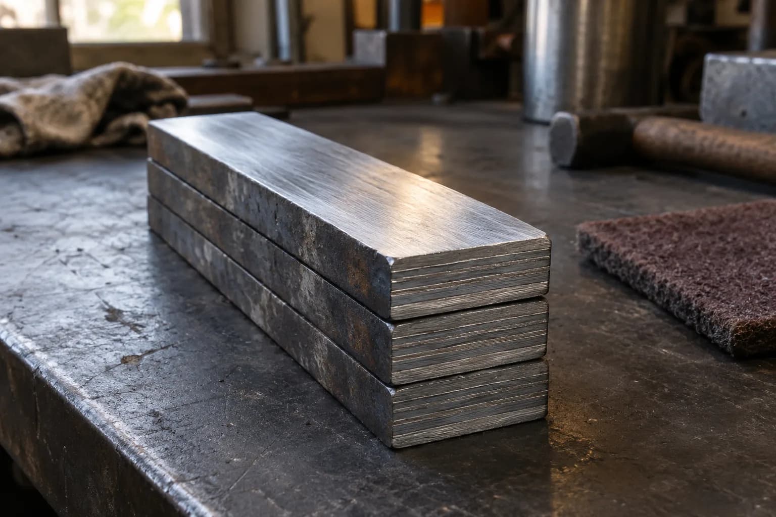 Three drawn steel bar sections stacked face to face on a bench, ends showing straight layers, abrasive pad beside them.