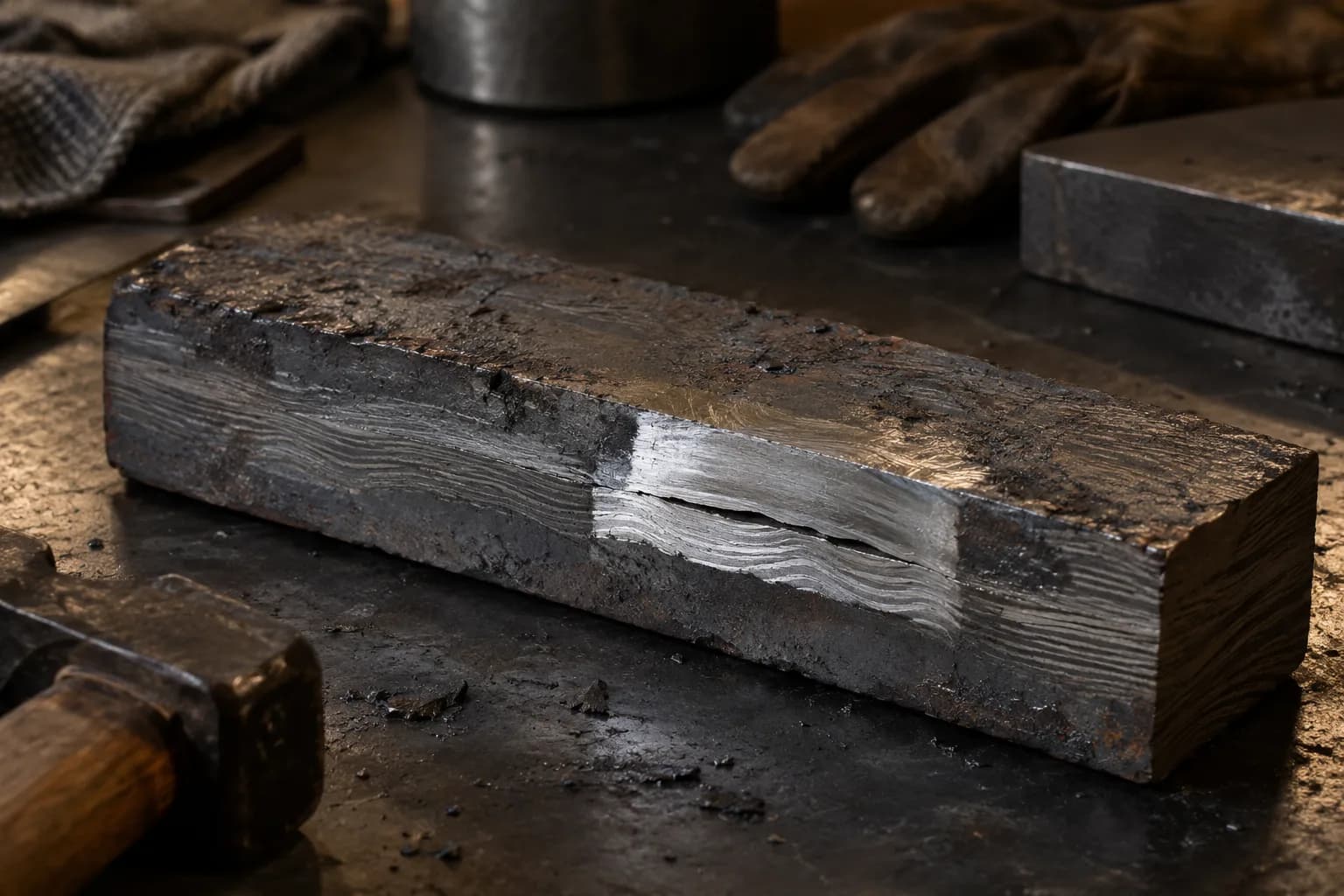 Scaled forged billet on a dark bench with a ground window on its edge exposing wavy layers and an open delamination seam.