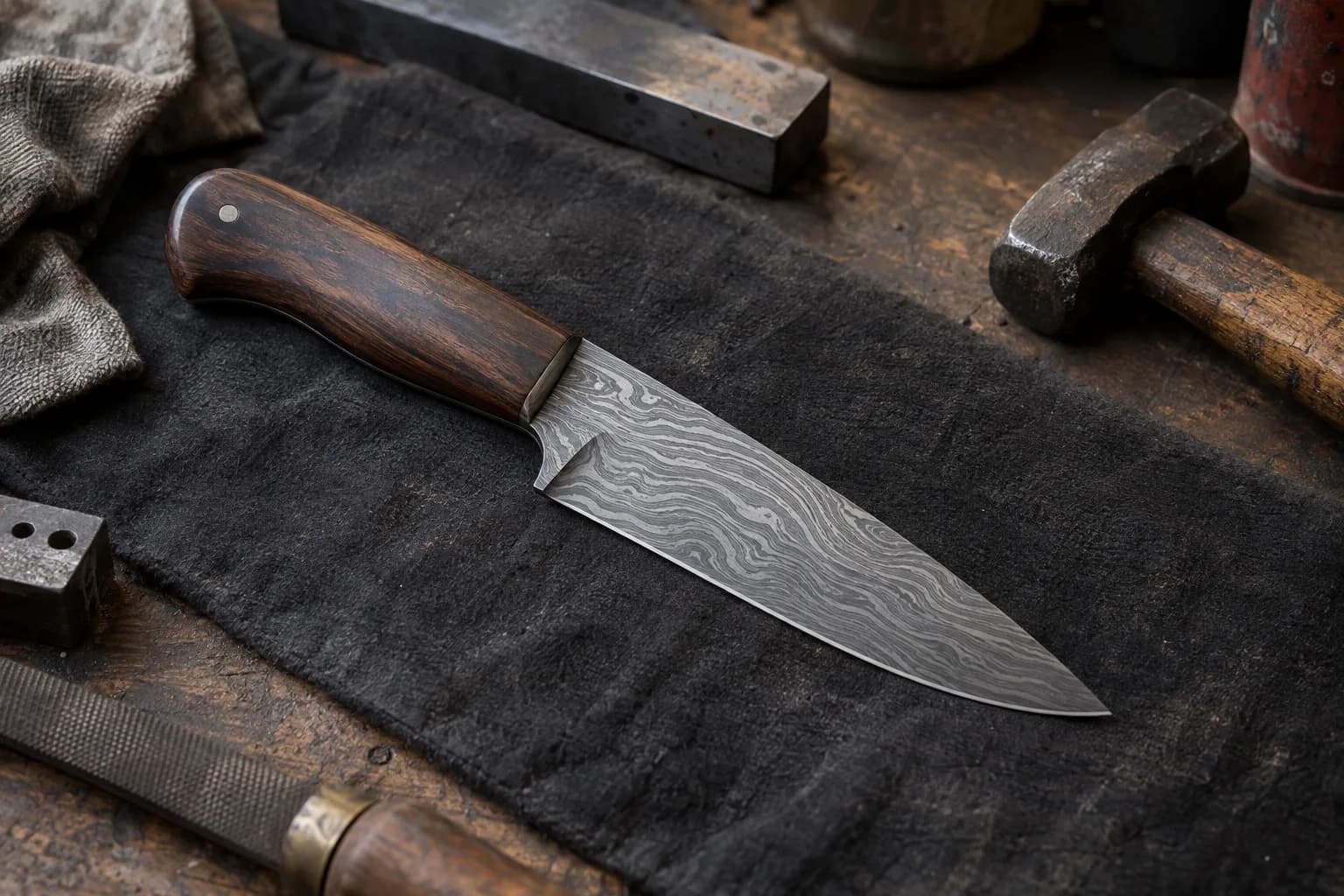 Pattern-welded knife with flowing etched layers and a dark wood handle on a black cloth pad beside a hammer and file.