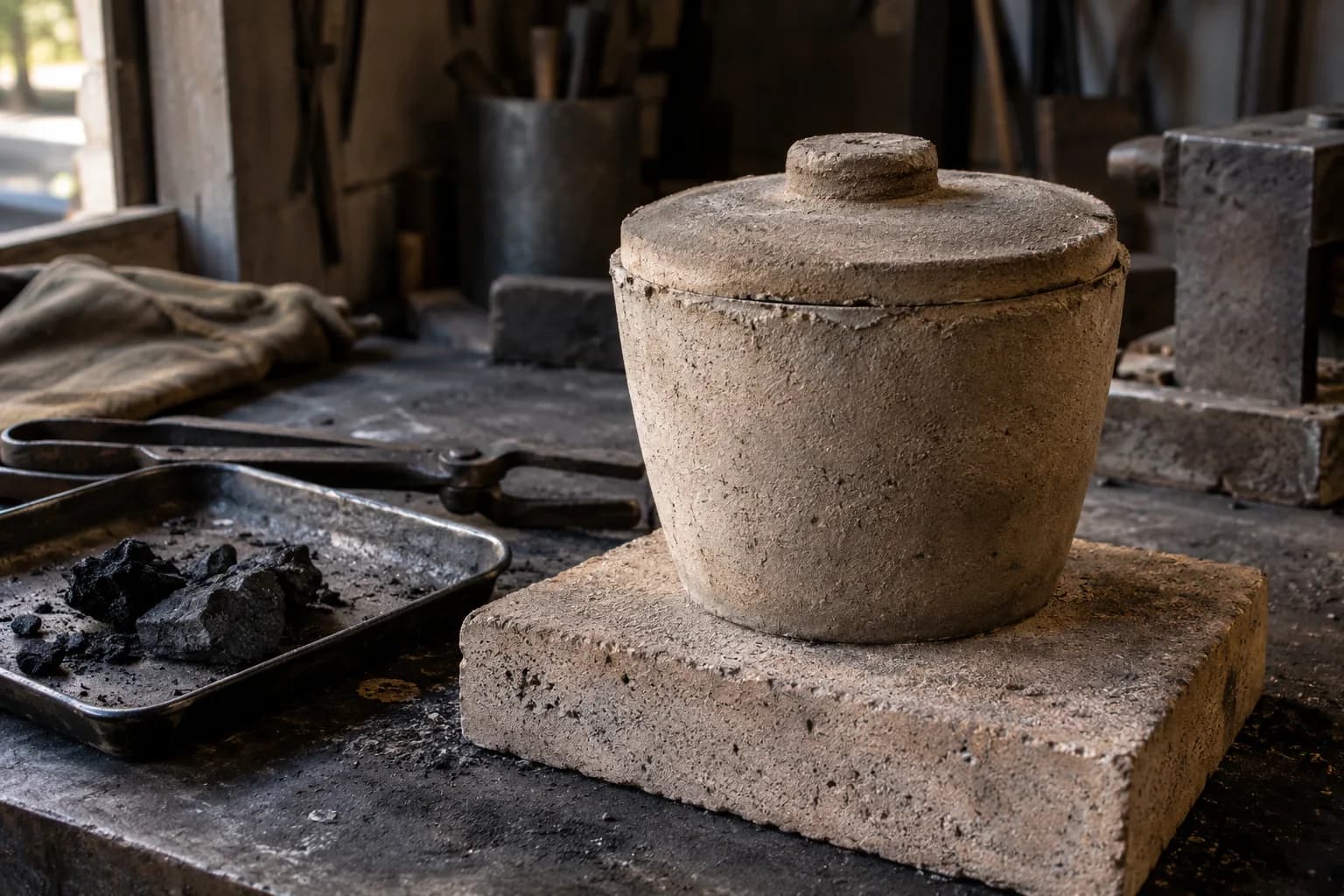 Cold lidded clay crucible on a firebrick slab beside a tray of charcoal lumps and tongs on a workbench.