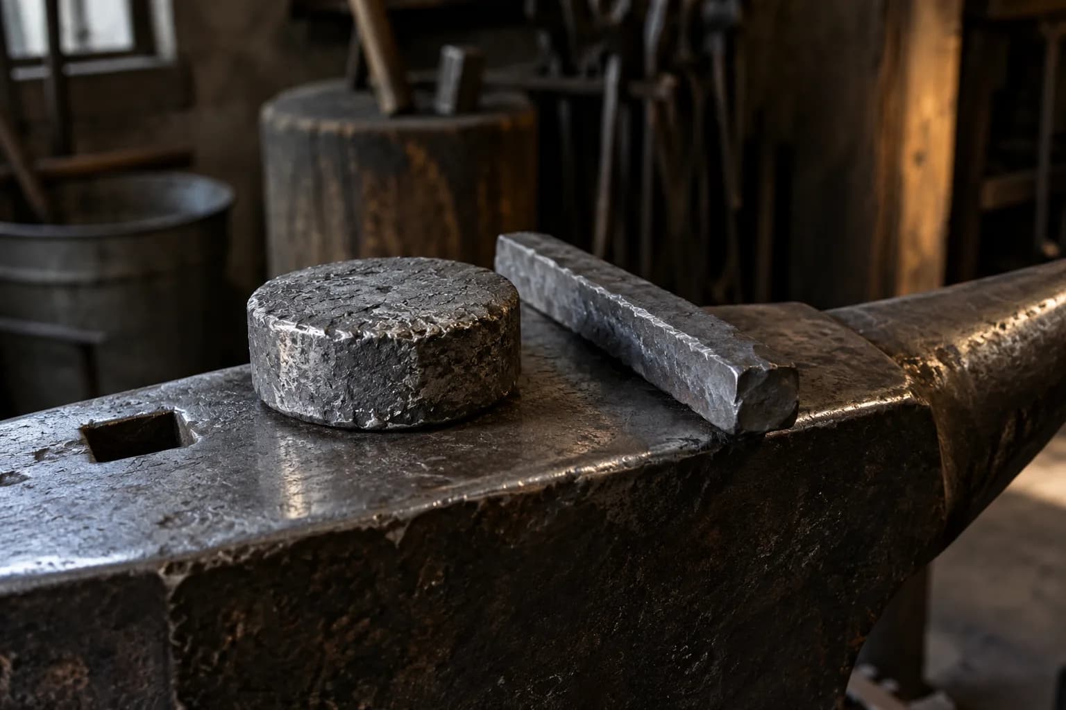 Cold puck-shaped steel ingot and a short rough-forged bar resting on an anvil face in a dim forge shop.