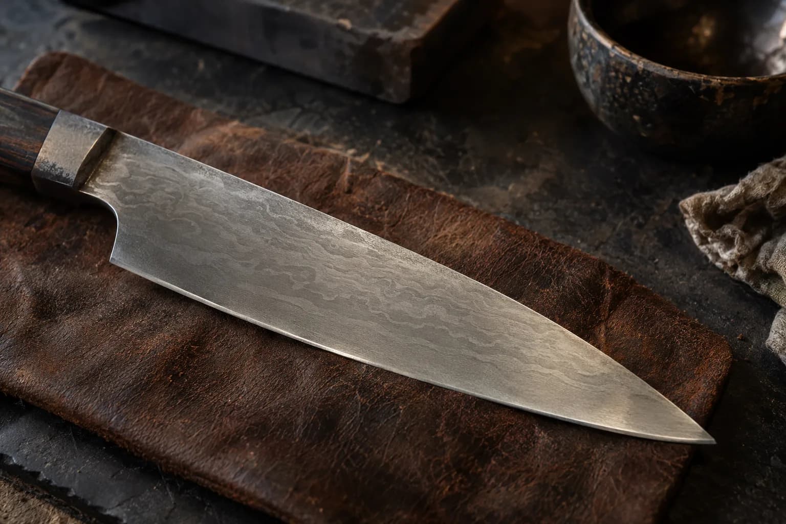 Chef-style blade with fine watered bands in grey steel lying on a worn brown leather pad, handle cropped at left.
