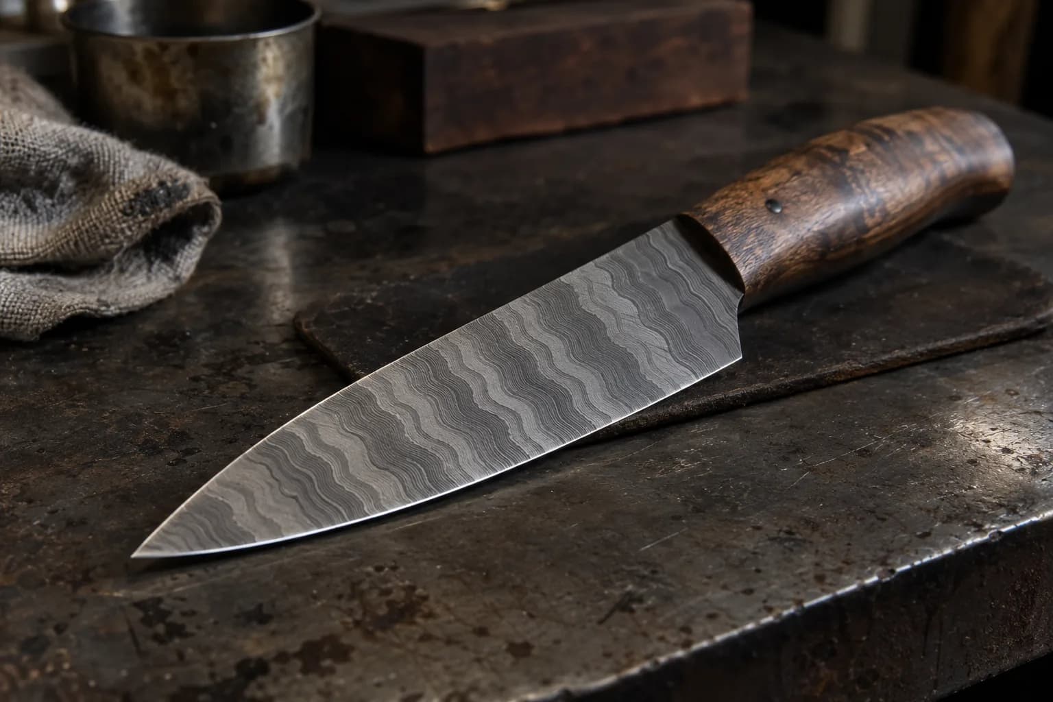 Etched ladder-pattern blade lying flat on a dark pad, wavy bands crossing from spine to a fine continuous edge.