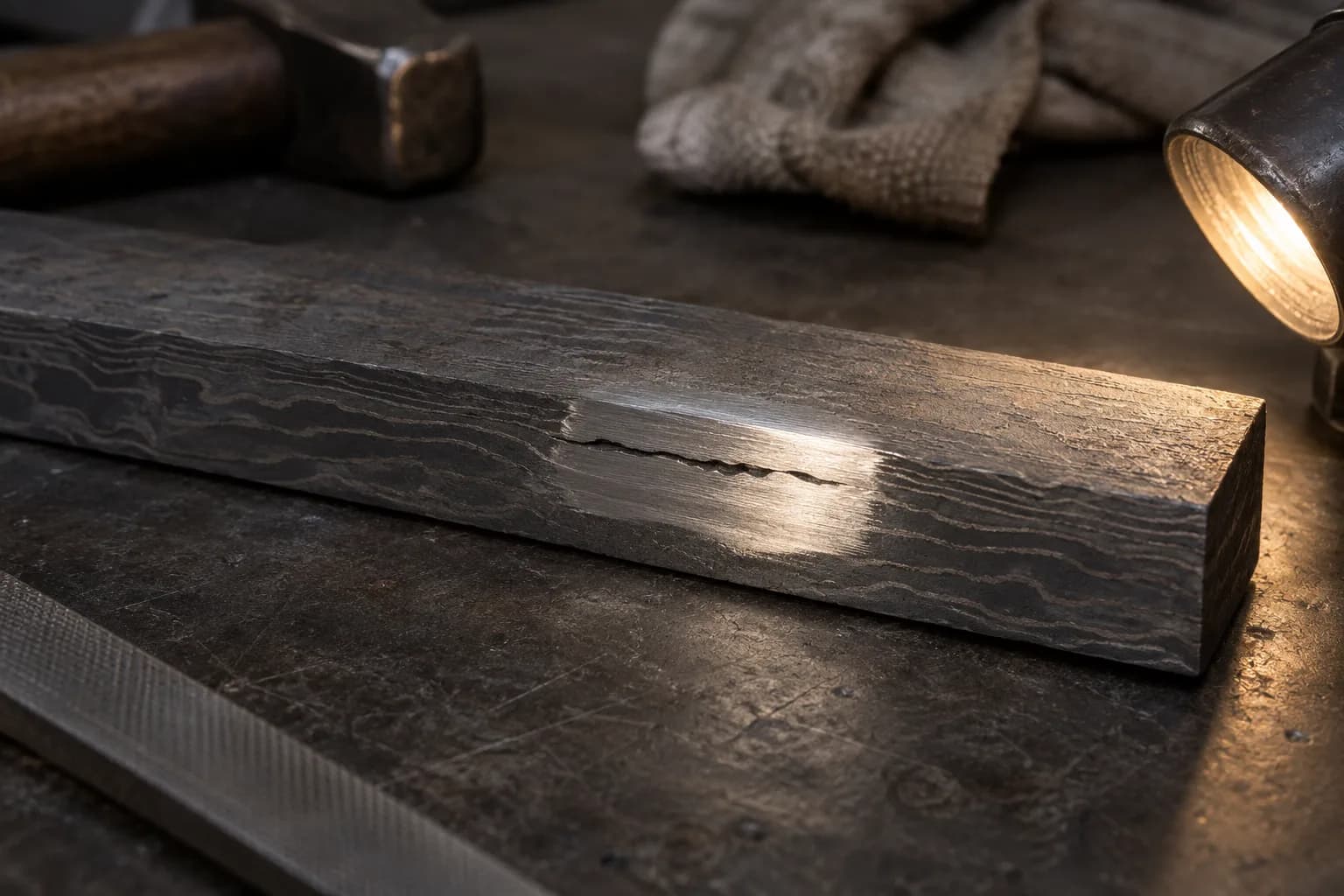 Pattern-welded steel bar on a bench with a ground window showing a narrow open weld seam under a side lamp.