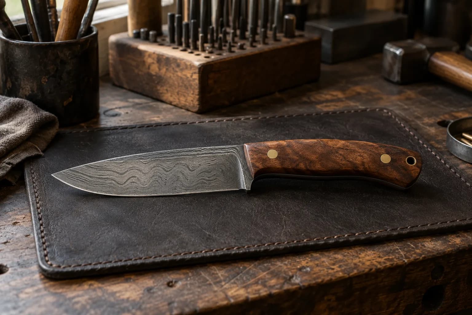 Finished Damascus knife with flowing etched pattern and figured wood handle with brass pins on a leather pad at a bench.