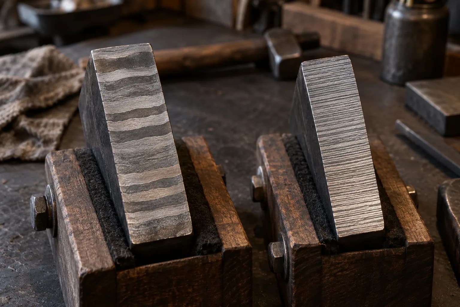 Two pattern-welded bar ends in padded wooden slots, the left with wide coarse bands and the right with fine dense layers.