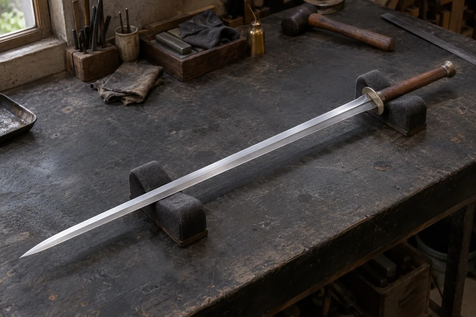 Straight double-edged sword with round guard and dark wood grip lying on two felt-padded blocks on a worn shop bench.