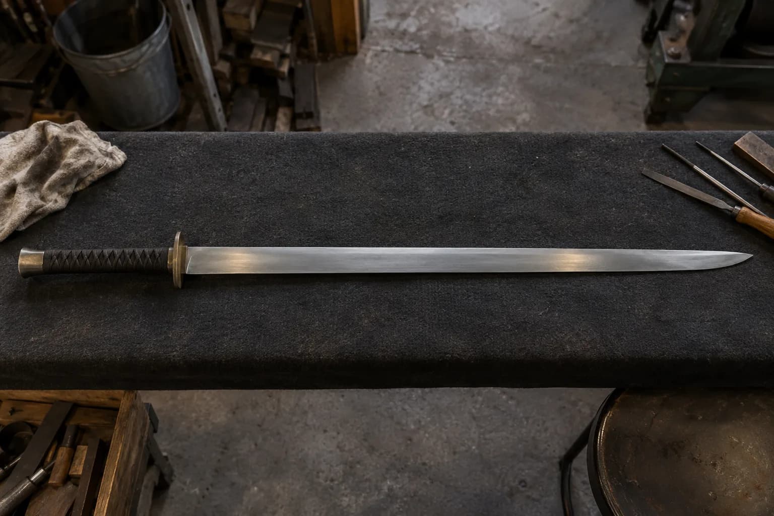 Straight single-edged sword with a cord-wrapped grip lying flat on a black felt bench, with files and a rag nearby.