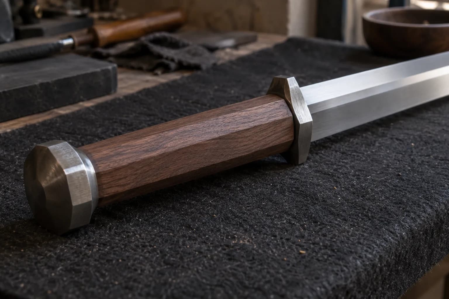 Octagonal walnut sword grip fitted between a faceted steel guard and pommel, lying on black felt beside a bench.