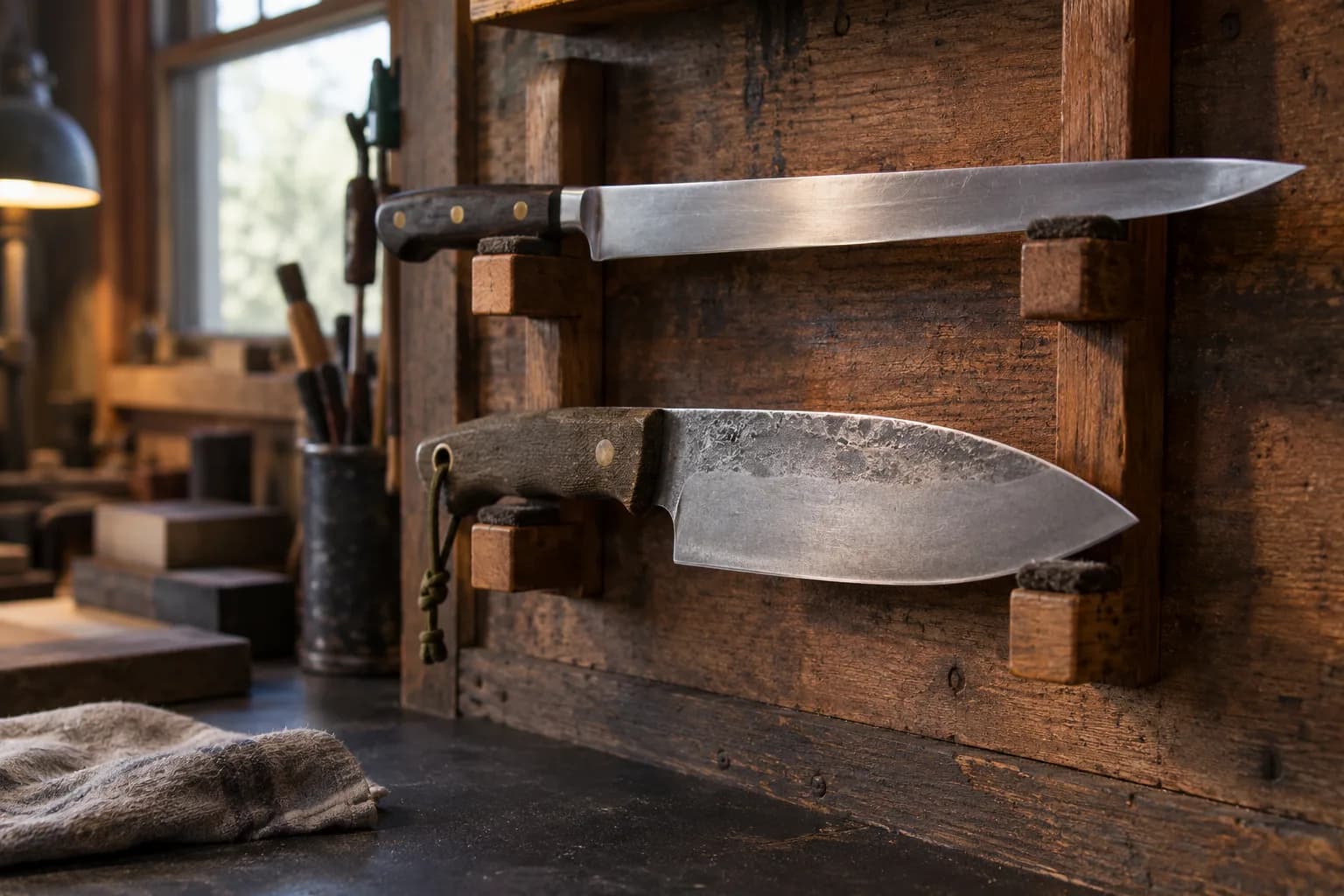 Thin kitchen slicer above a stout camp chopper, each resting on padded wooden pegs of a rustic wall rack in a small shop.