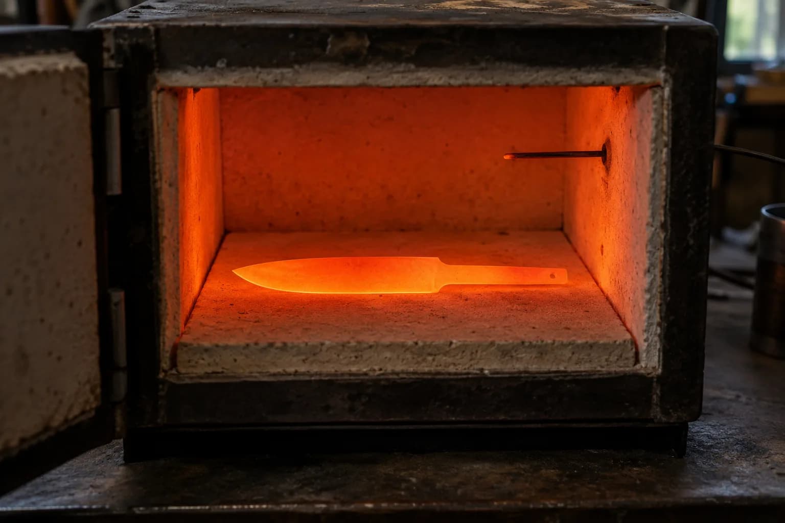Knife blank glowing orange on the floor of an open brick-lined kiln, with a thermocouple probe entering from the right wall.