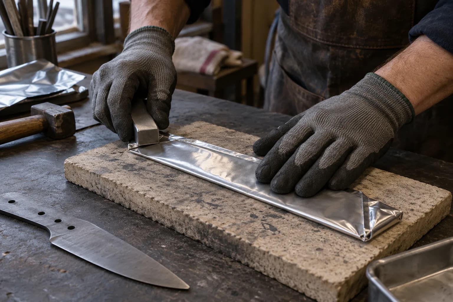 Gloved hands press a folded seam on a flat stainless foil packet on a refractory board, a knife blank beside it.