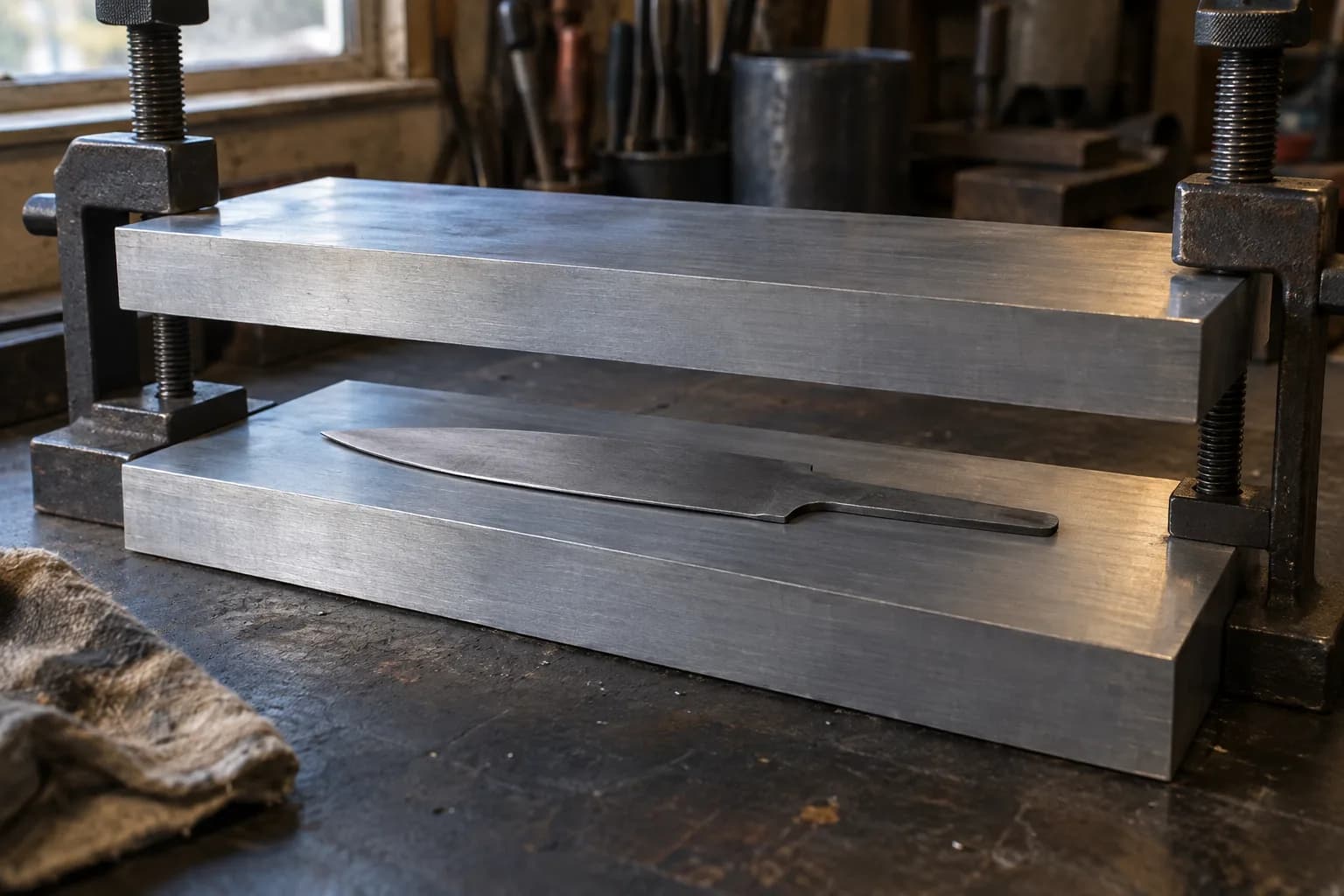 Flat knife blank on a thick aluminum plate with a matching upper plate held parallel above it by two screw clamps.